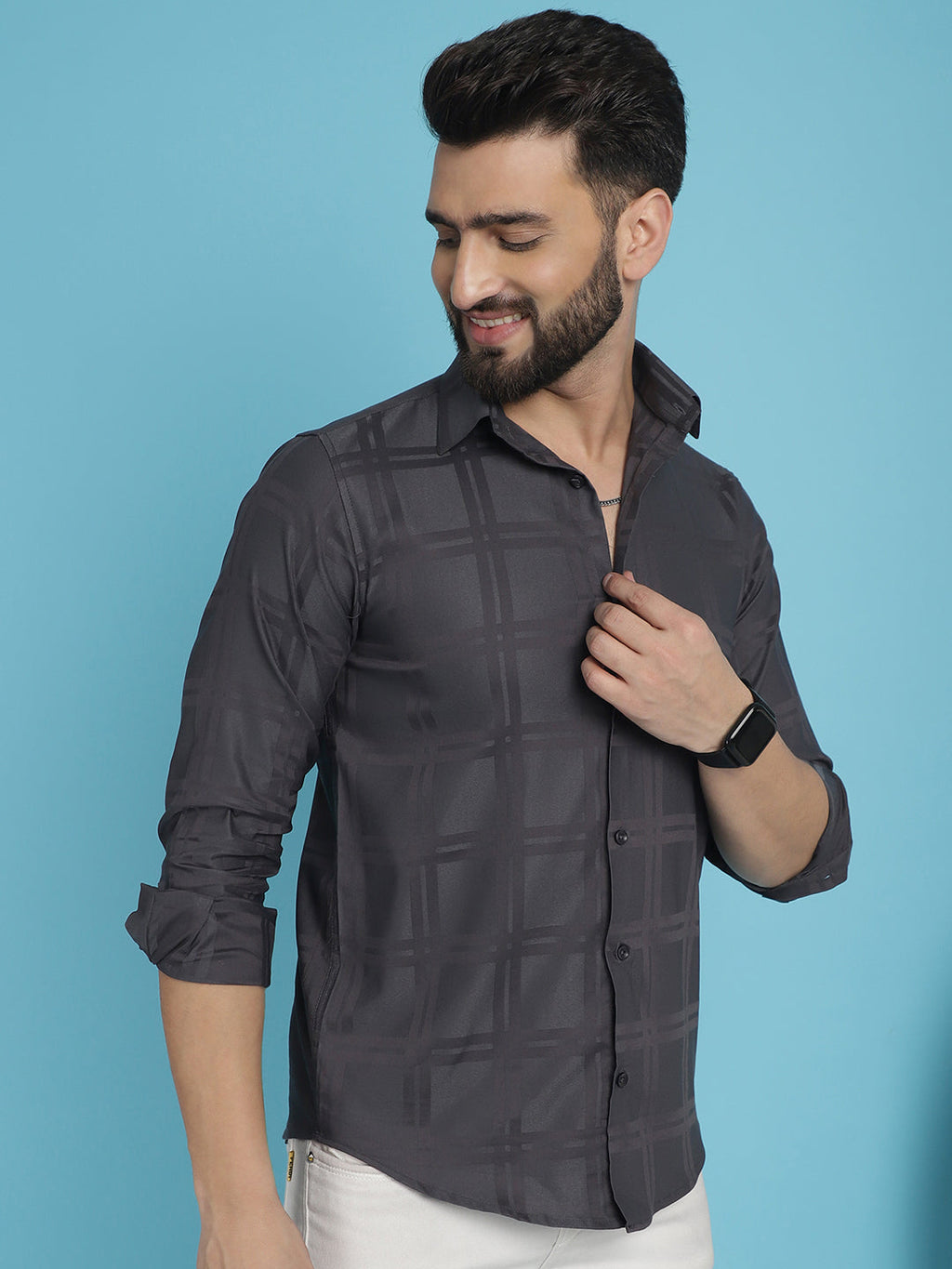 Indian Needle Men's Charcoal Grey Checked Casual Shirt