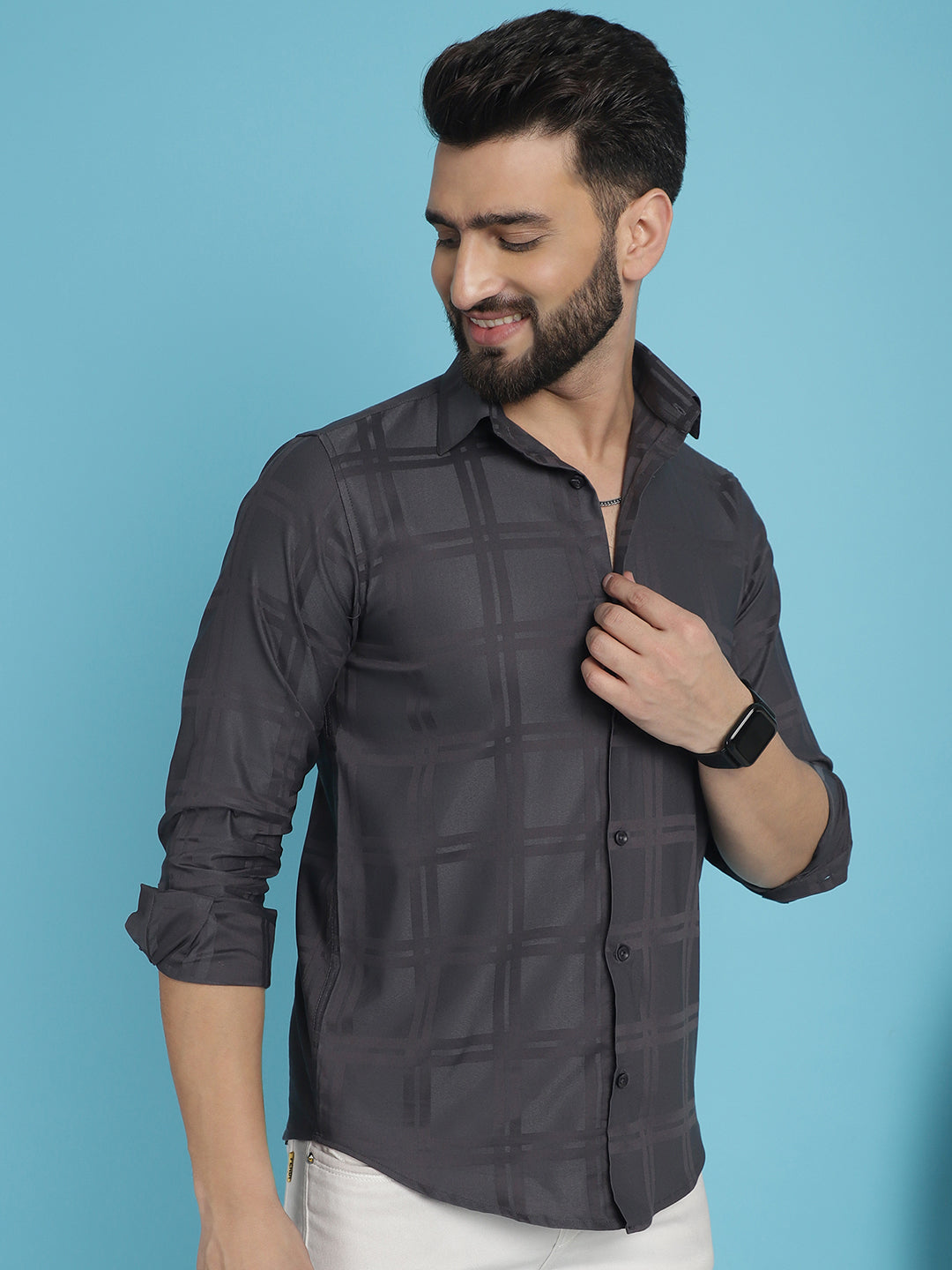 Indian Needle Men's Charcoal Grey Checked Casual Shirt