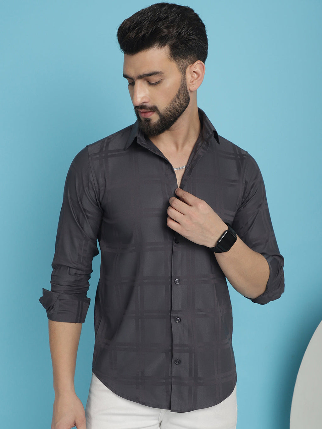 Indian Needle Men's Charcoal Grey Checked Casual Shirt
