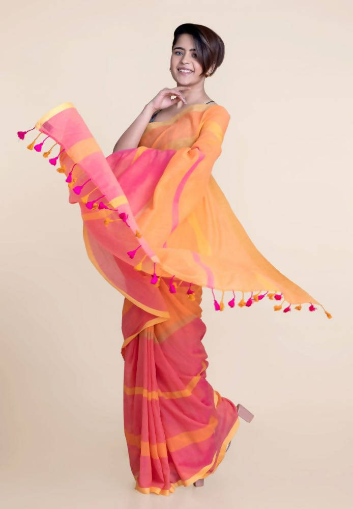 Suta Orange Pink Striped Mul Saree
