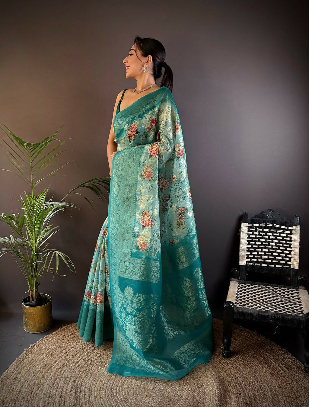 Joban Fashion Teal Floral Motifs Banarasi Silk Sarees