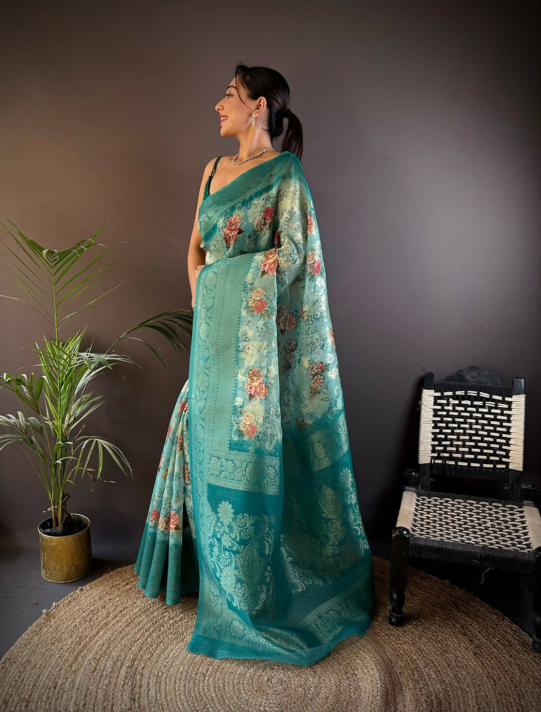 Joban Fashion Teal Floral Motifs Banarasi Silk Sarees