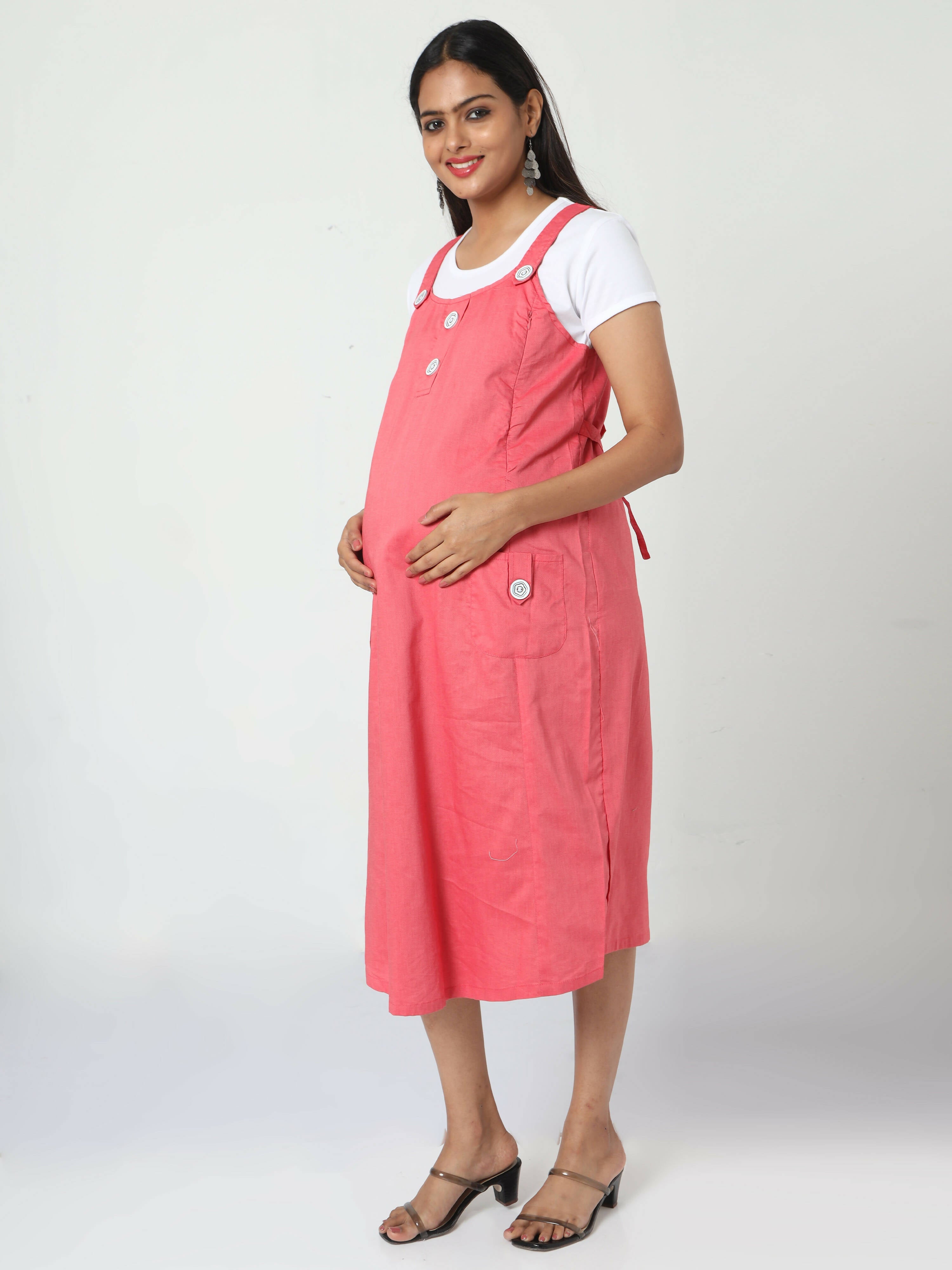 Manet Half Sleeves Solid Maternity Dress With Concealed Zipper Nursing Access - Red