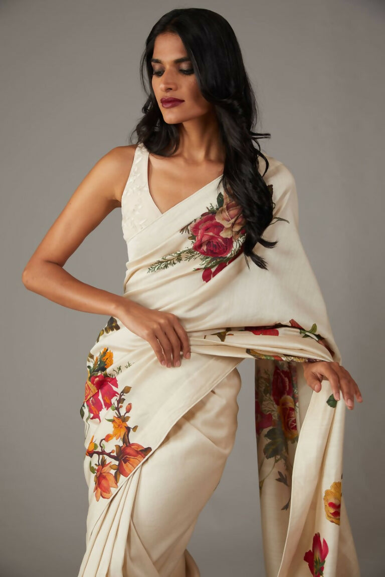 Partywear Designer Off White Bright Moss Fancy Saree - Durga