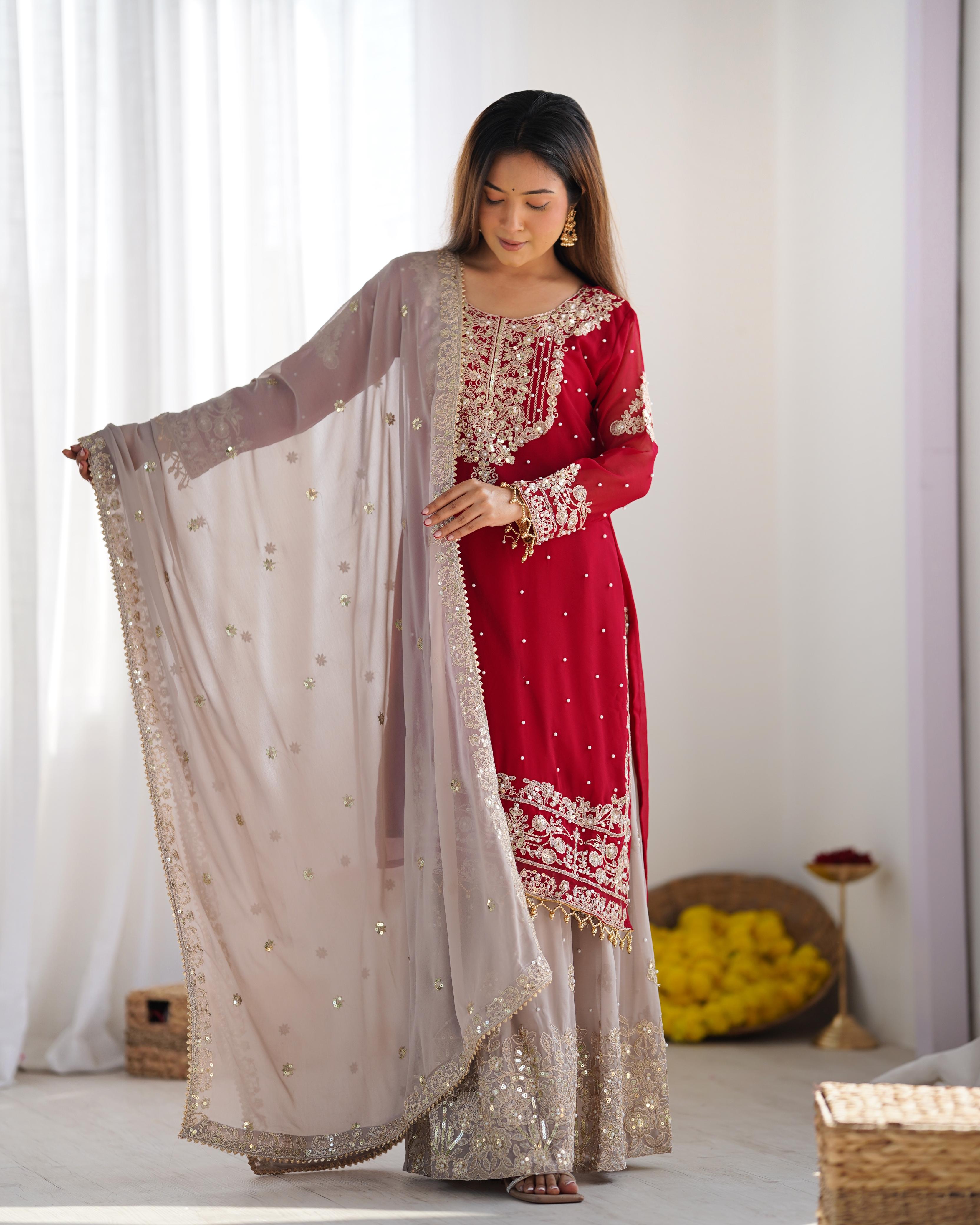 Teeya Creation Red Color Faux Georgette Heavy Embroidery Work Fully Stitched Sharara Suit