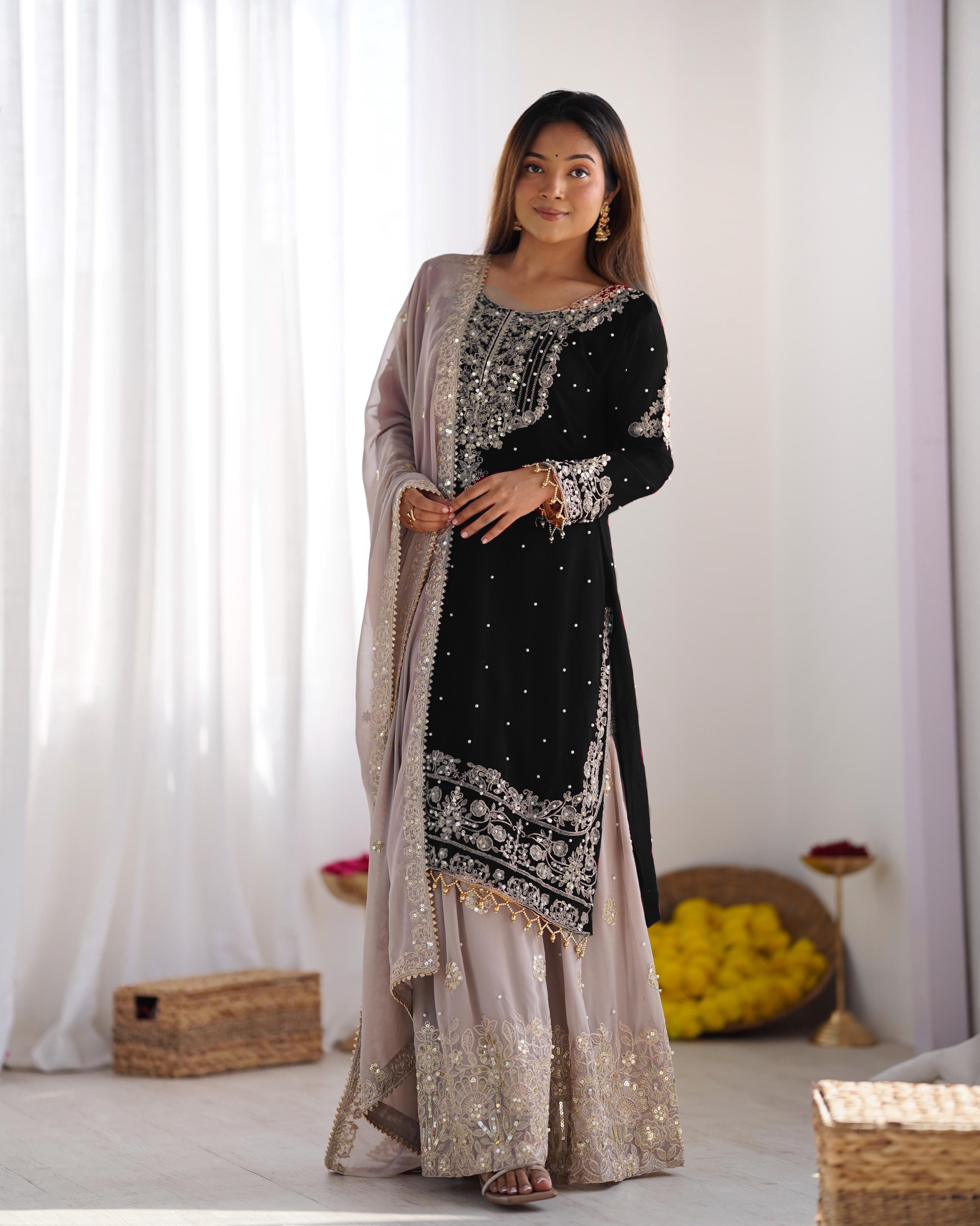 Teeya Creation Black Color Faux Georgette Heavy Embroidery Work Pakistani Fully Stitched Salwar Suit