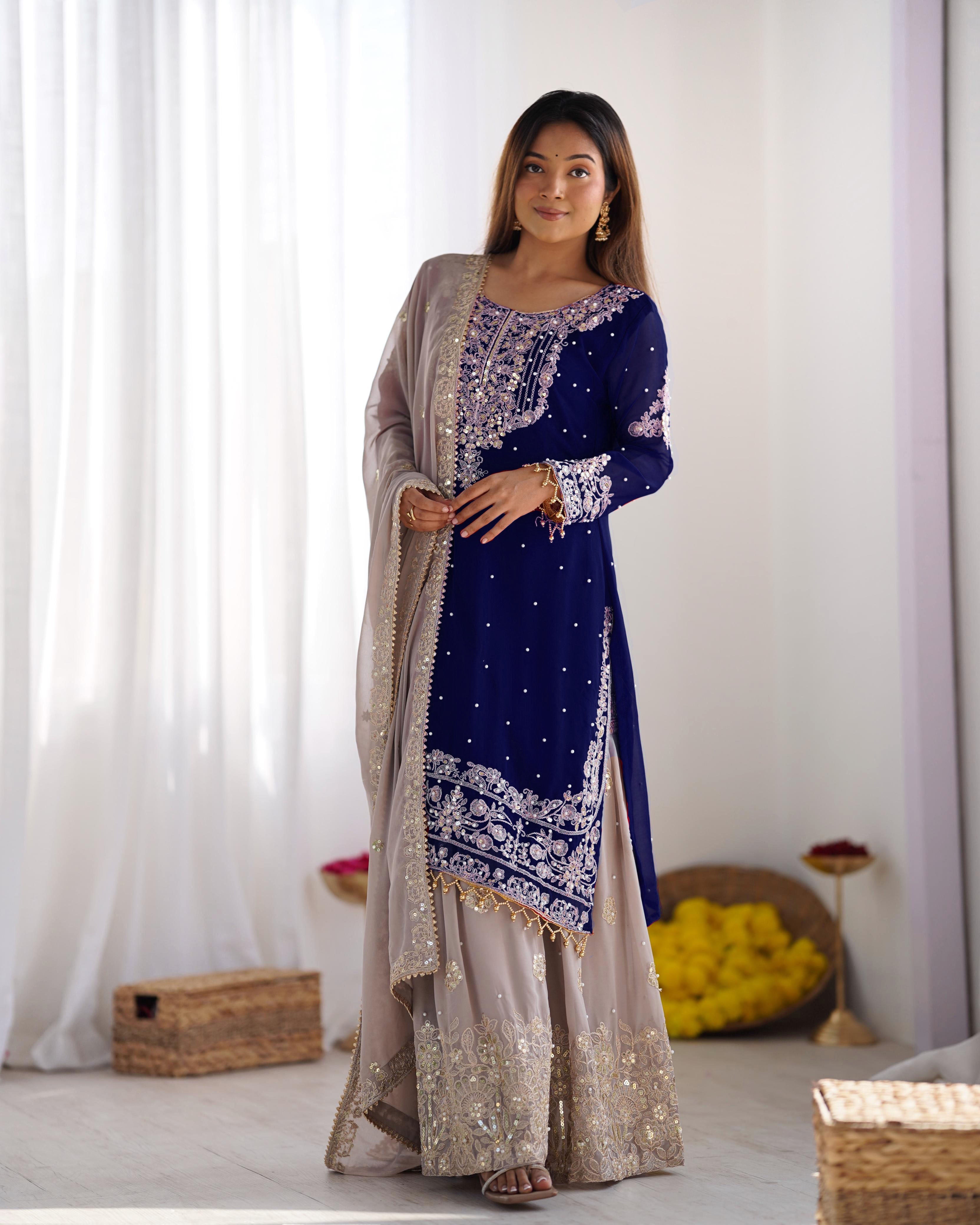 Teeya Creation Navy Blue Color Faux Georgette Heavy Embroidery Work Pakistani Fully Stitched Salwar Suit
