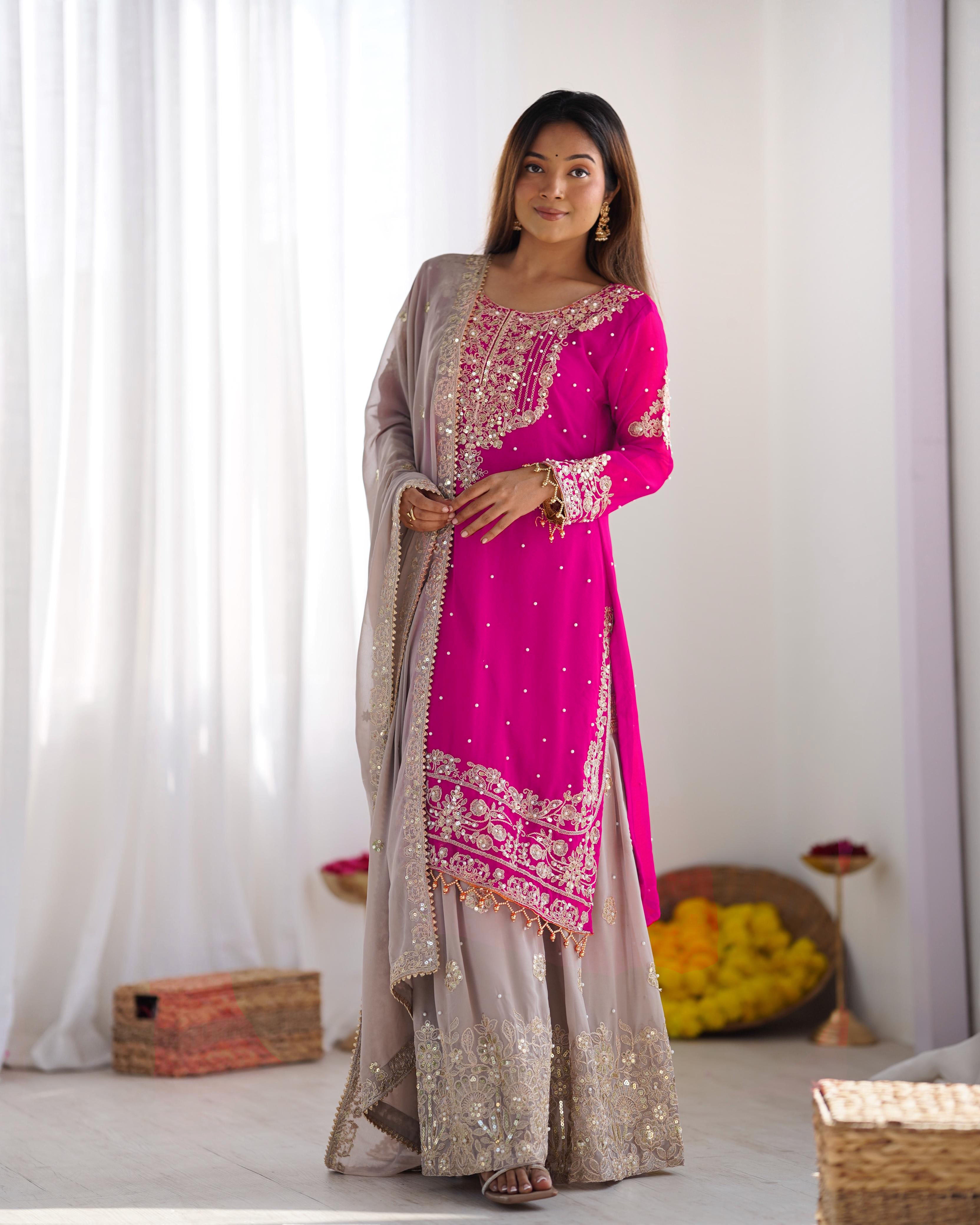 Teeya Creation Pink Color Faux Georgette Heavy Embroidery Work Pakistani Fully Stitched Salwar Suit