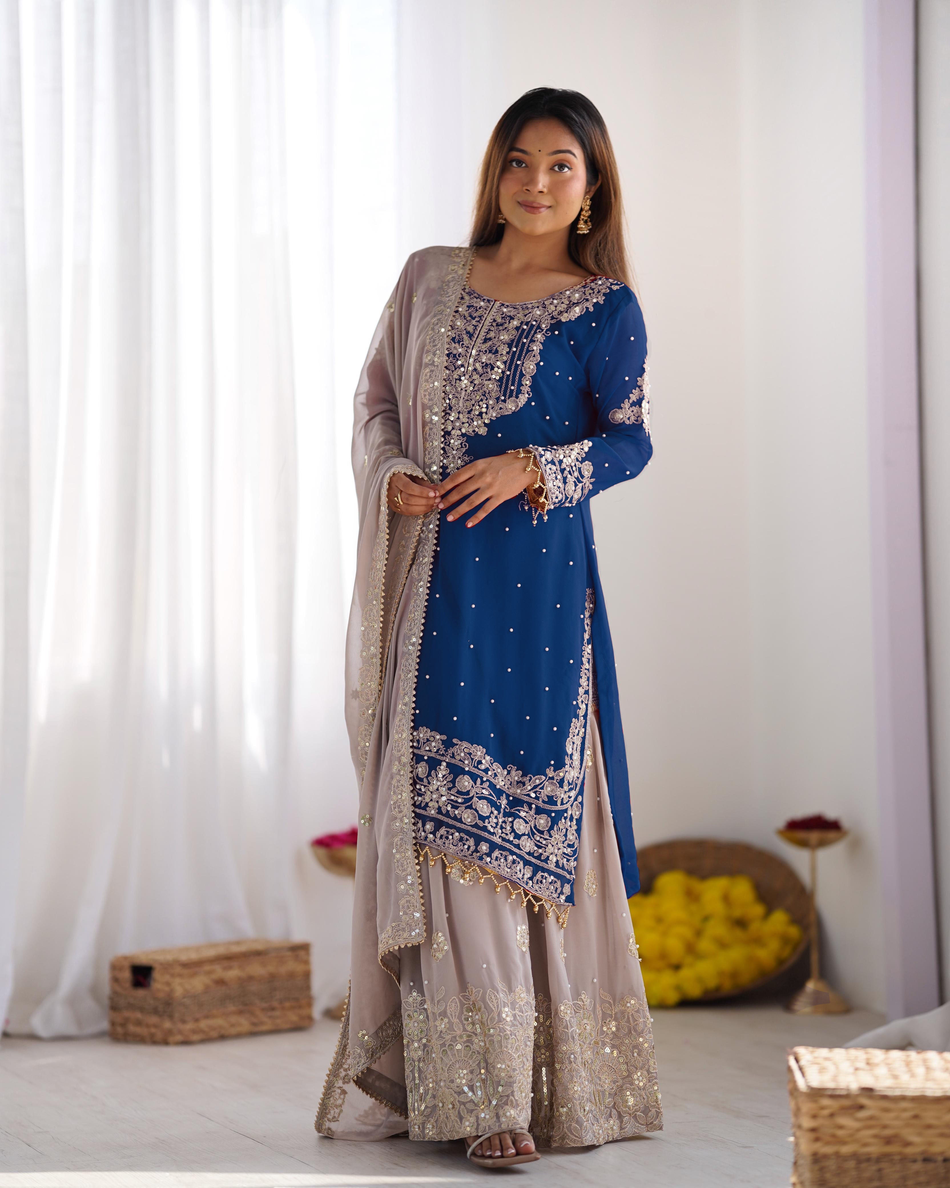Teeya Creation Teal Color Faux Georgette Heavy Embroidery Work Pakistani Fully Stitched Salwar Suit