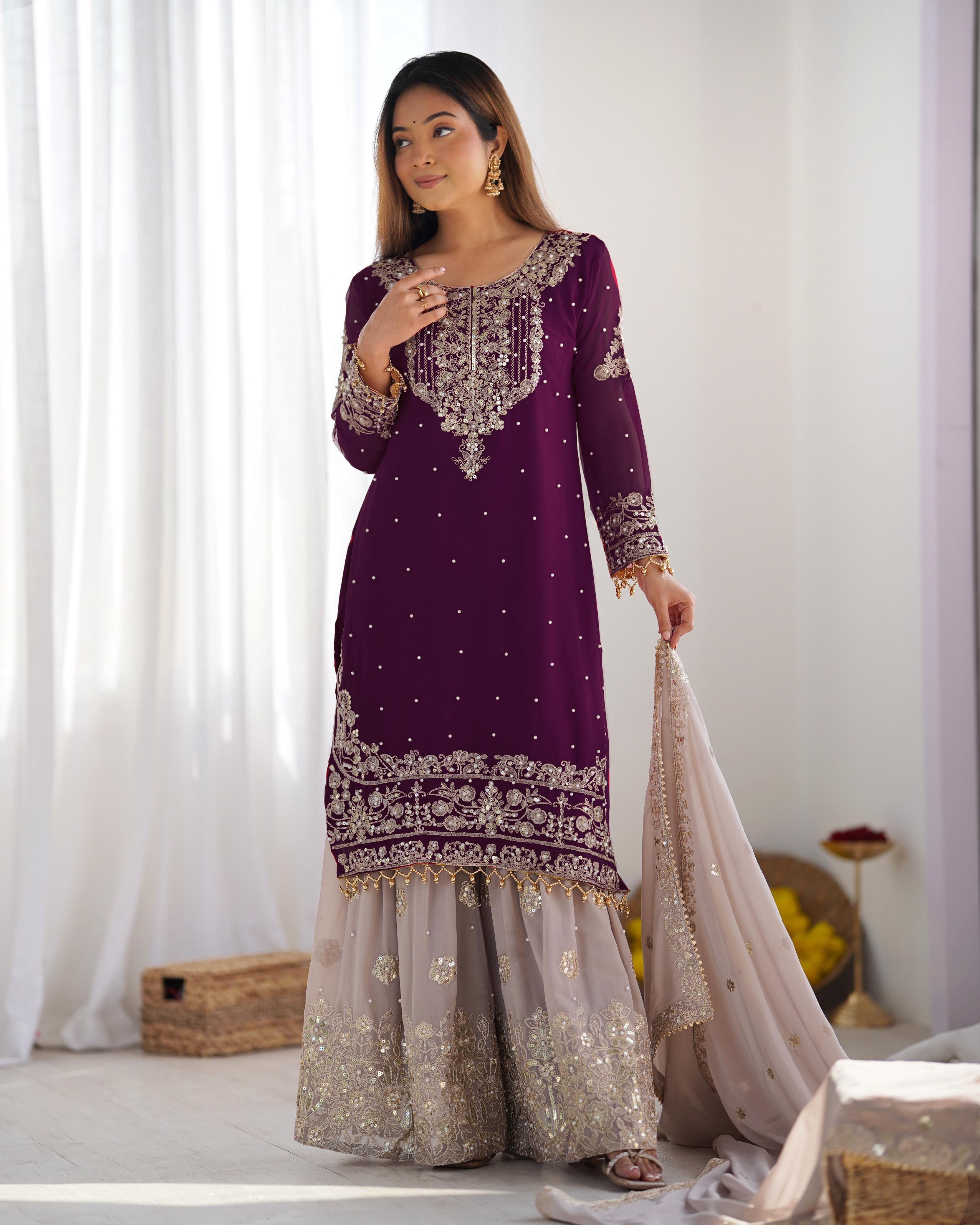 Teeya Creation Wine Color Faux Georgette Heavy Embroidery Work Pakistani Fully Stitched Salwar Suit