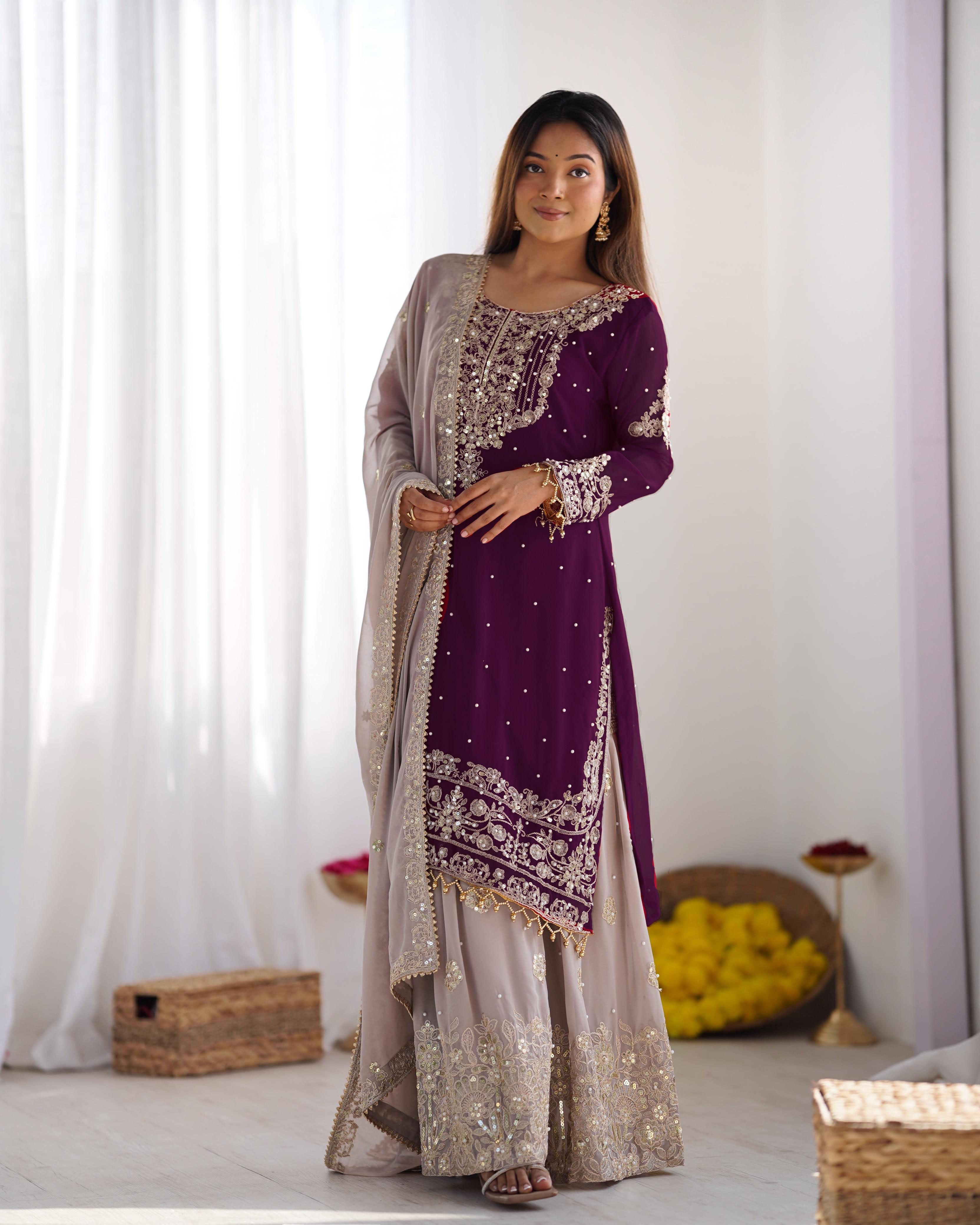 Teeya Creation Wine Color Faux Georgette Heavy Embroidery Work Pakistani Fully Stitched Salwar Suit