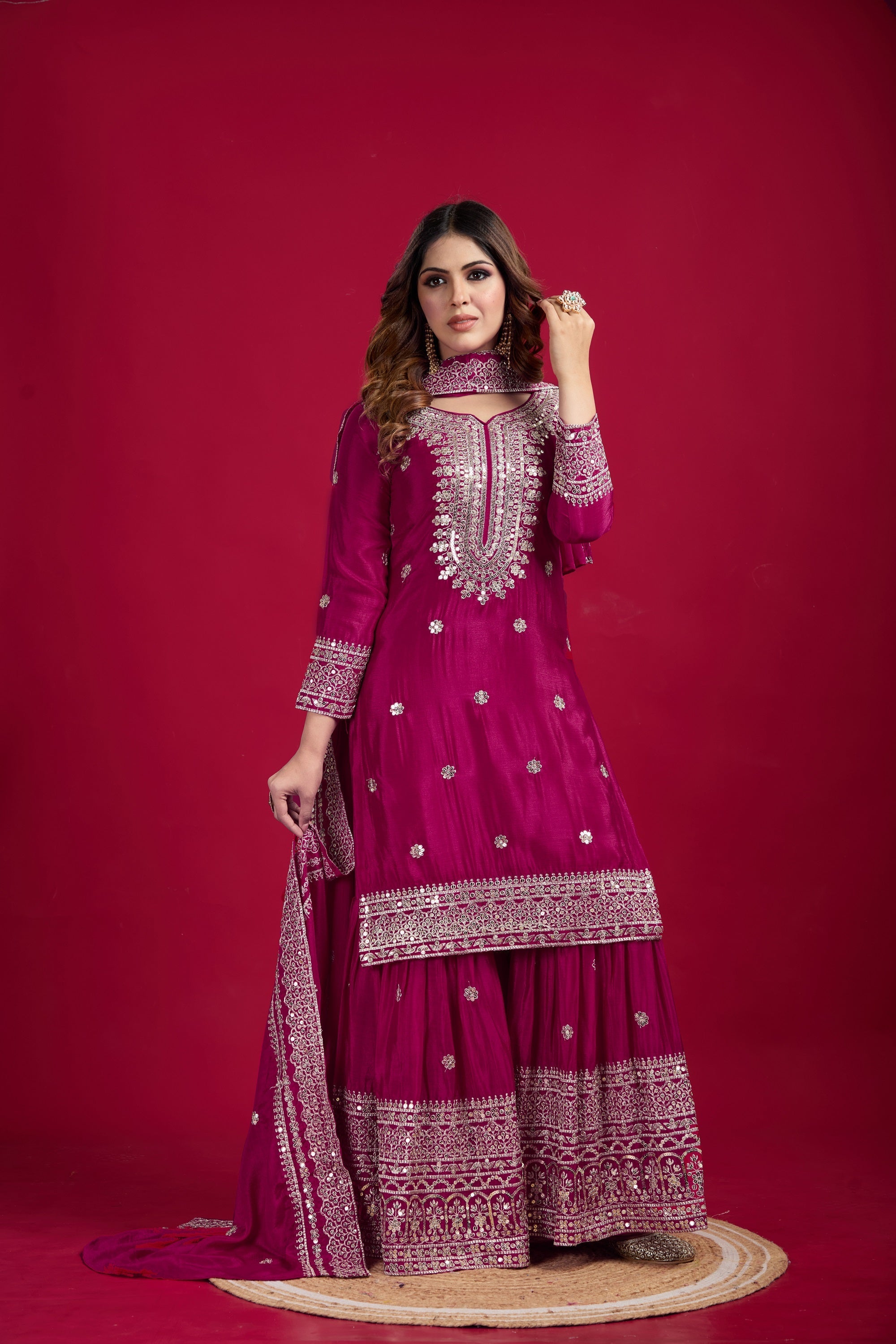 Teeya Creation Rani Color Chinnon Silk Heavy Embroidery Work Fully Stitched Sharara Suit