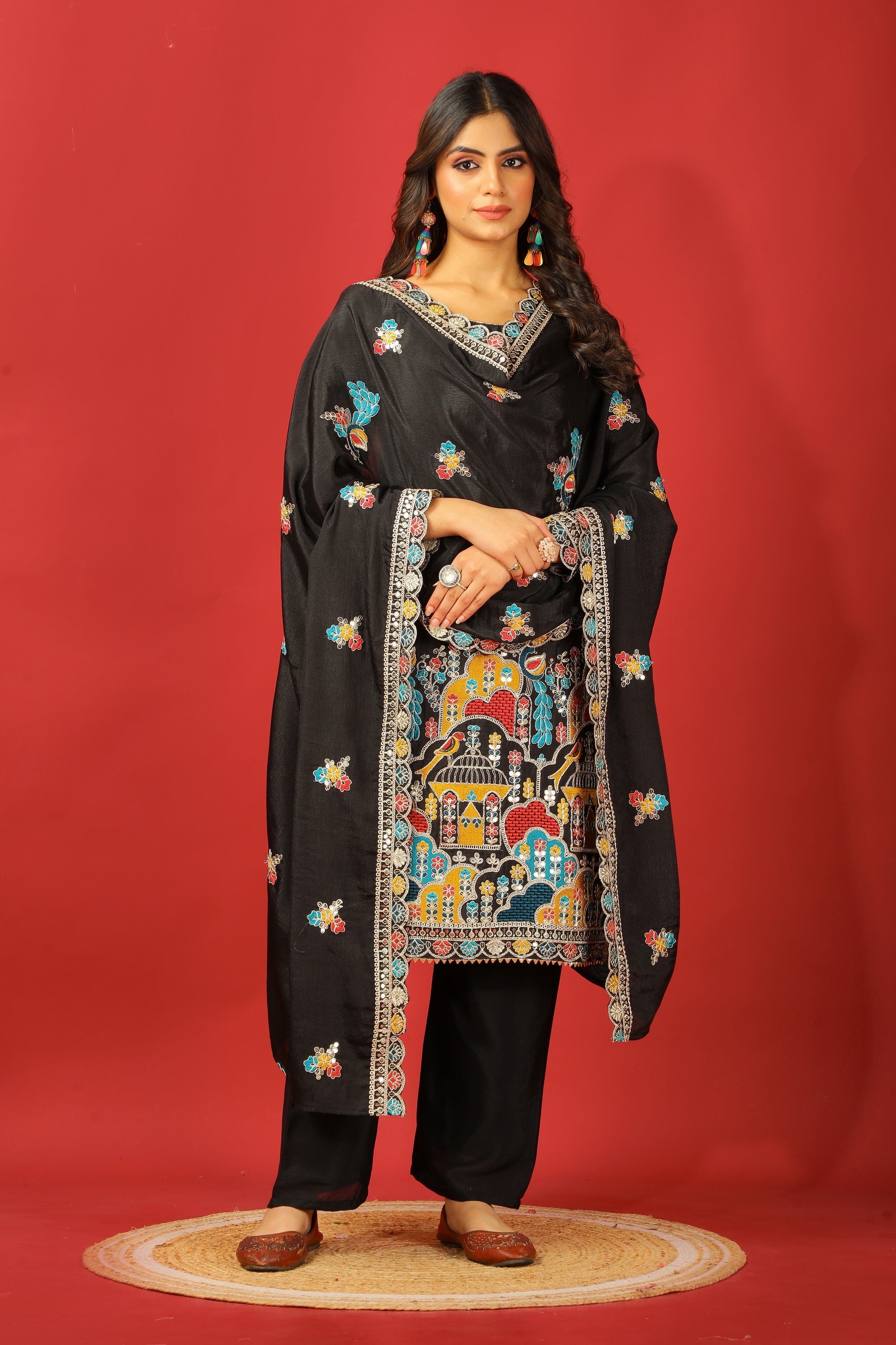 Teeya Creation Black Color Chinnon Silk Heavy Embroidery Work Fully Stitched Salwar Suit