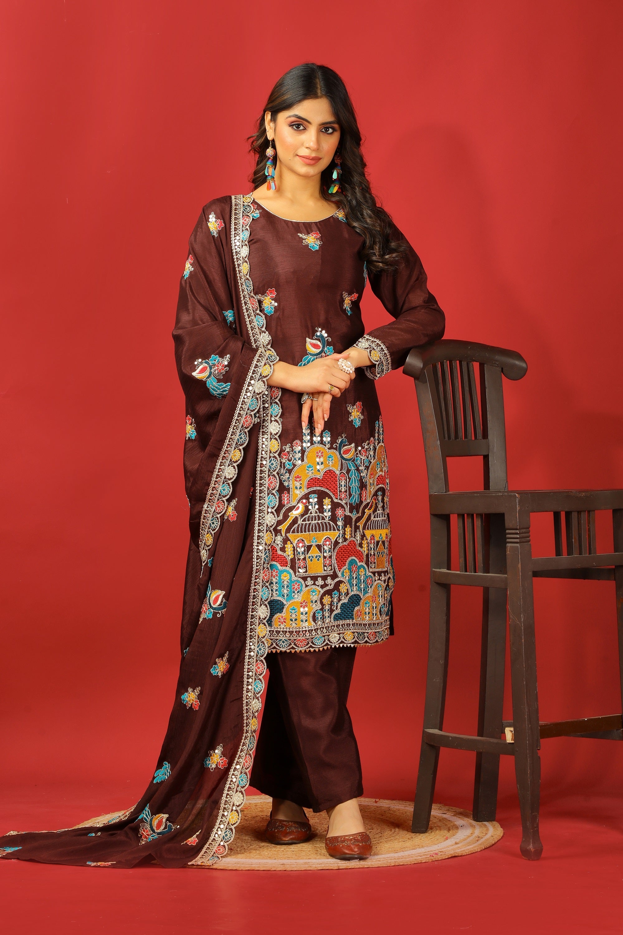Teeya Creation Coffee Color Chinnon Silk Heavy Embroidery Work Fully Stitched Salwar Suit