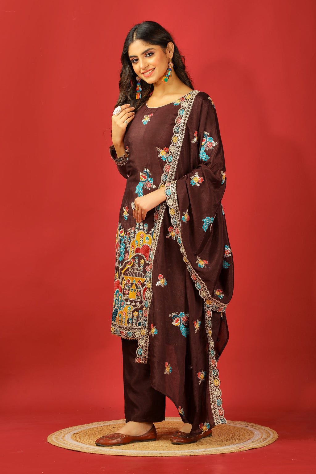Teeya Creation Coffee Color Chinnon Silk Heavy Embroidery Work Fully Stitched Salwar Suit