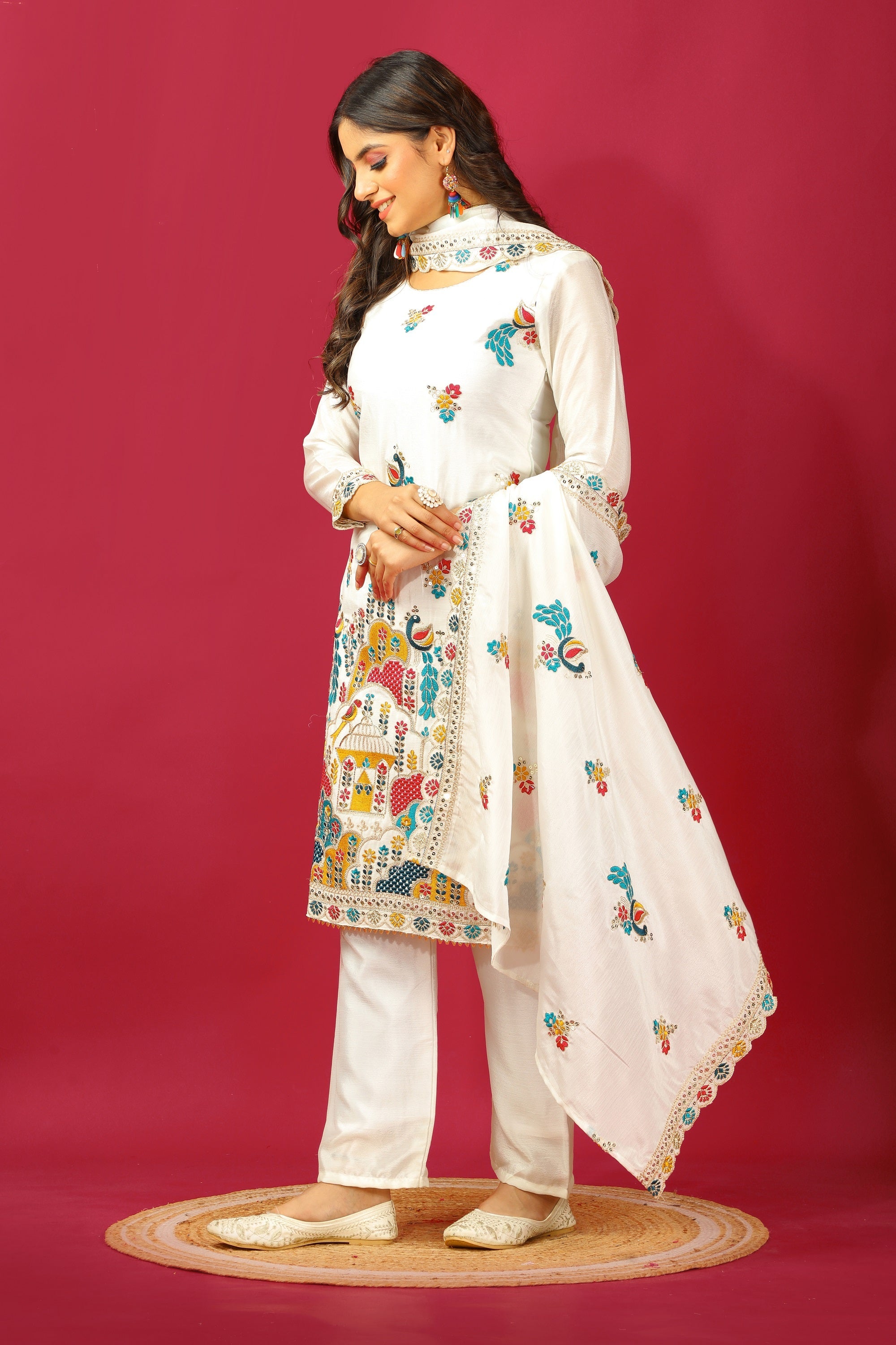 Teeya Creation White Color Chinnon Silk Heavy Embroidery Work Fully Stitched Salwar Suit