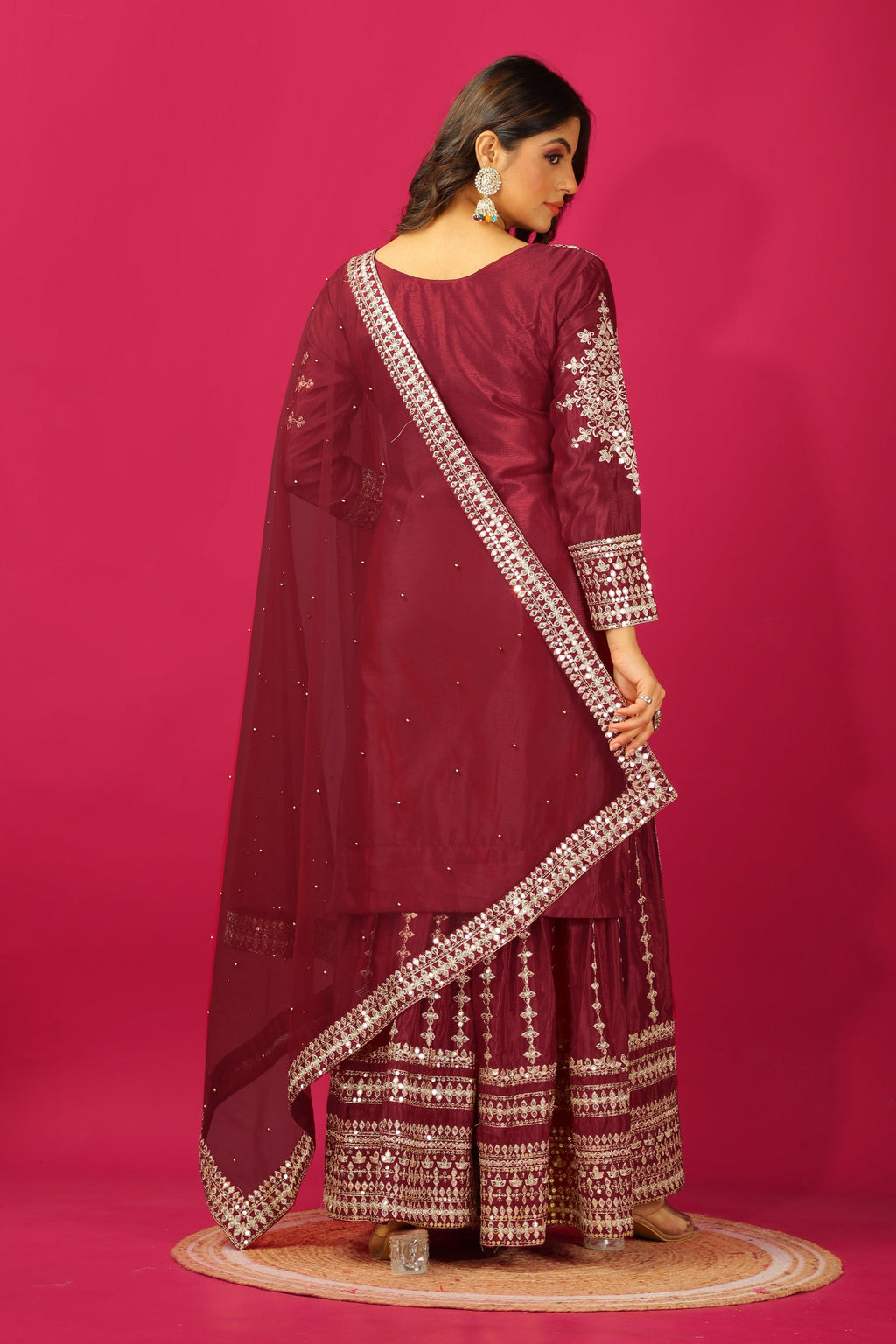 Teeya Creation Maroon Color Chinnon Silk Heavy Embroidery Work Fully Stitched Sharara Suit
