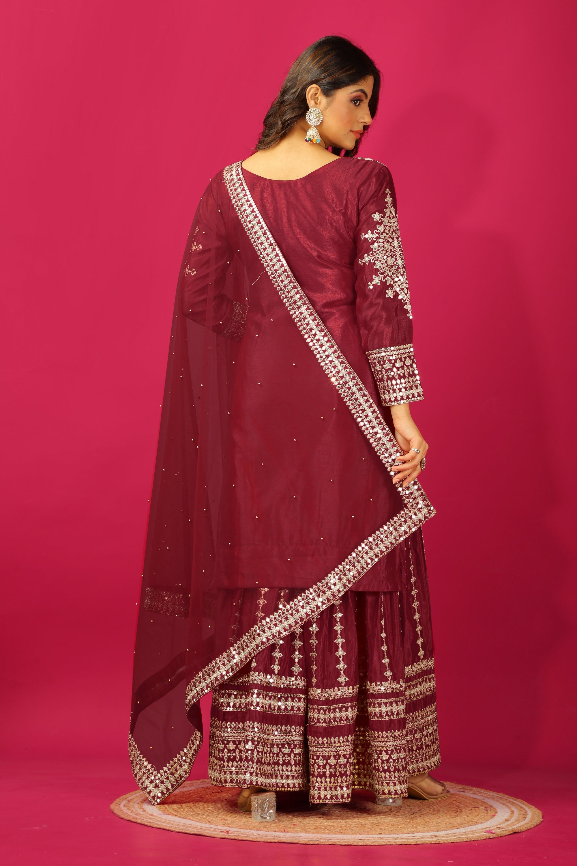 Teeya Creation Maroon Color Chinnon Silk Heavy Embroidery Work Fully Stitched Sharara Suit