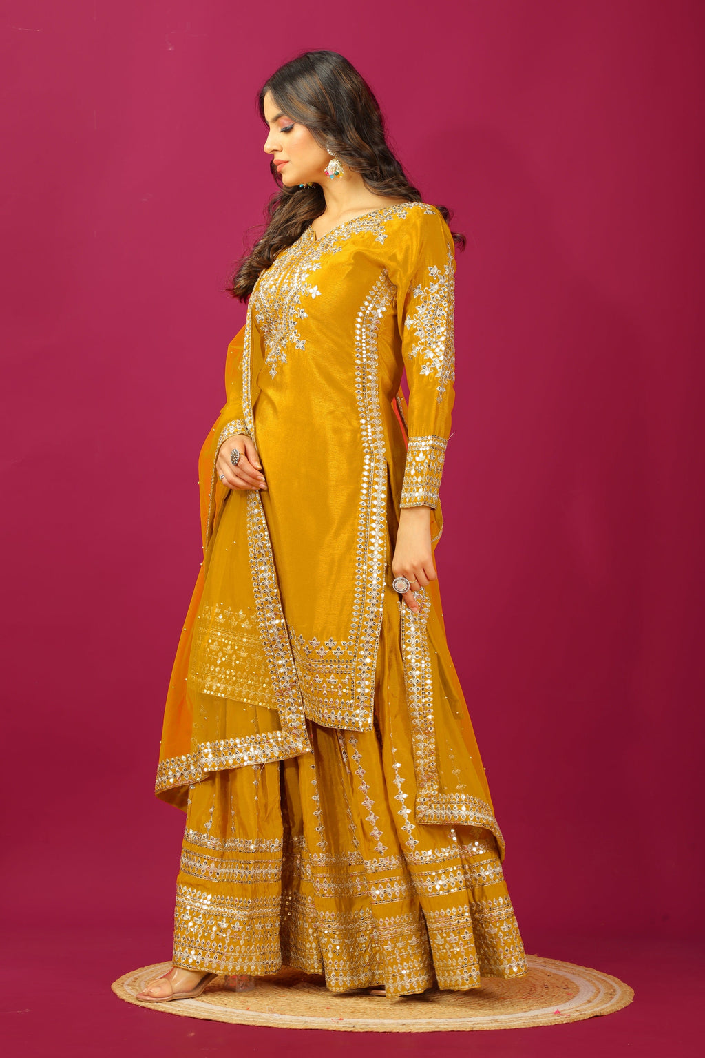 Teeya Creation Mustard Color Chinnon Silk Heavy Embroidery Work Fully Stitched Sharara Suit