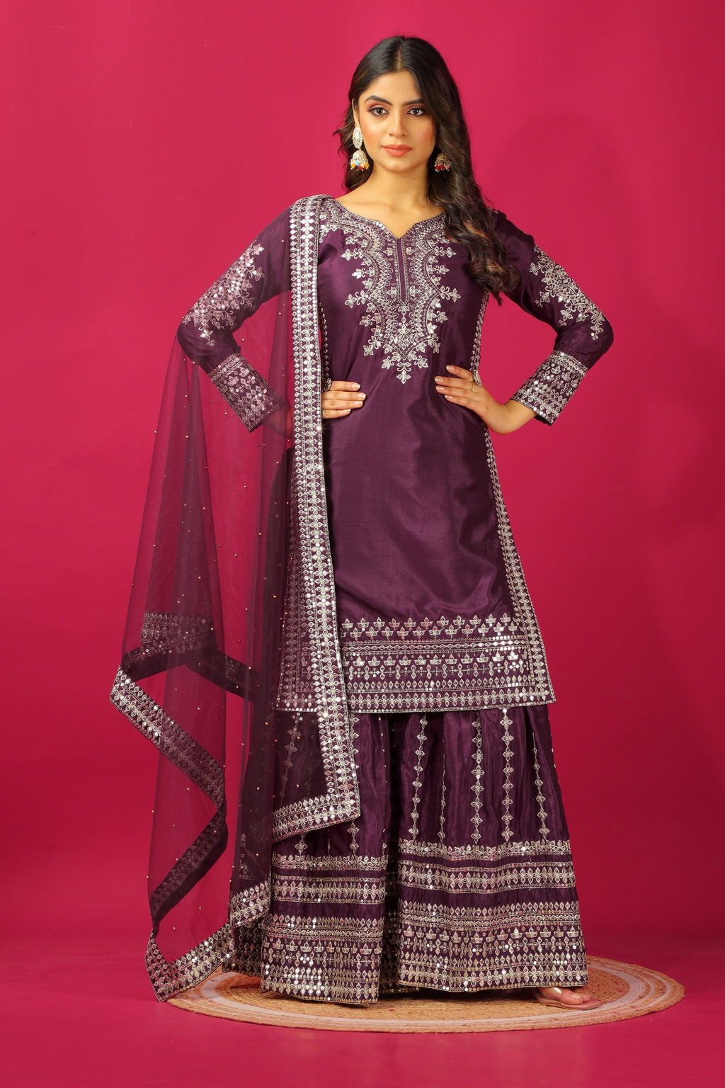 Teeya Creation Violet Color Chinnon Silk Heavy Embroidery Work Fully Stitched Sharara Suit