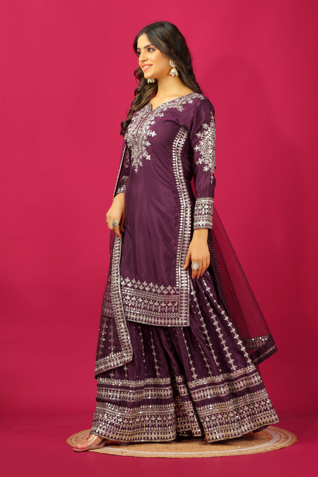 Teeya Creation Violet Color Chinnon Silk Heavy Embroidery Work Fully Stitched Sharara Suit