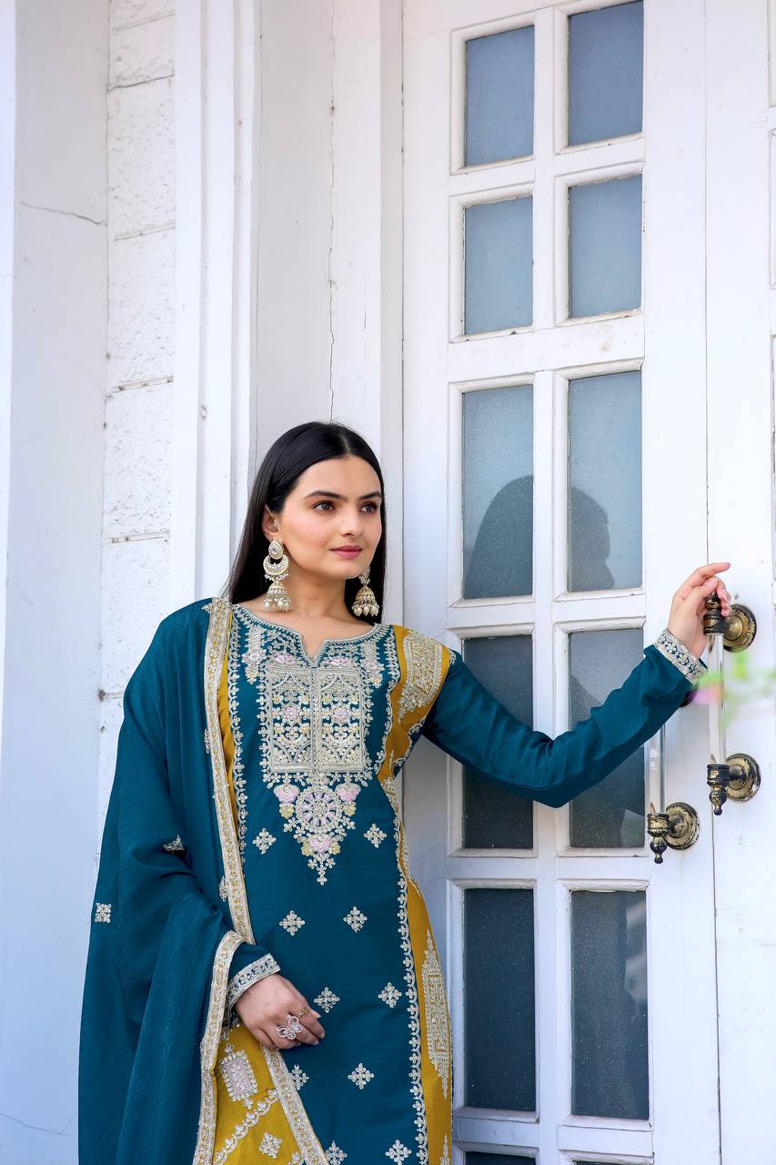 Teeya Creation Teal Color Chinon Silk Heavy Work Fully Stitched Pakistani Salwar Suit