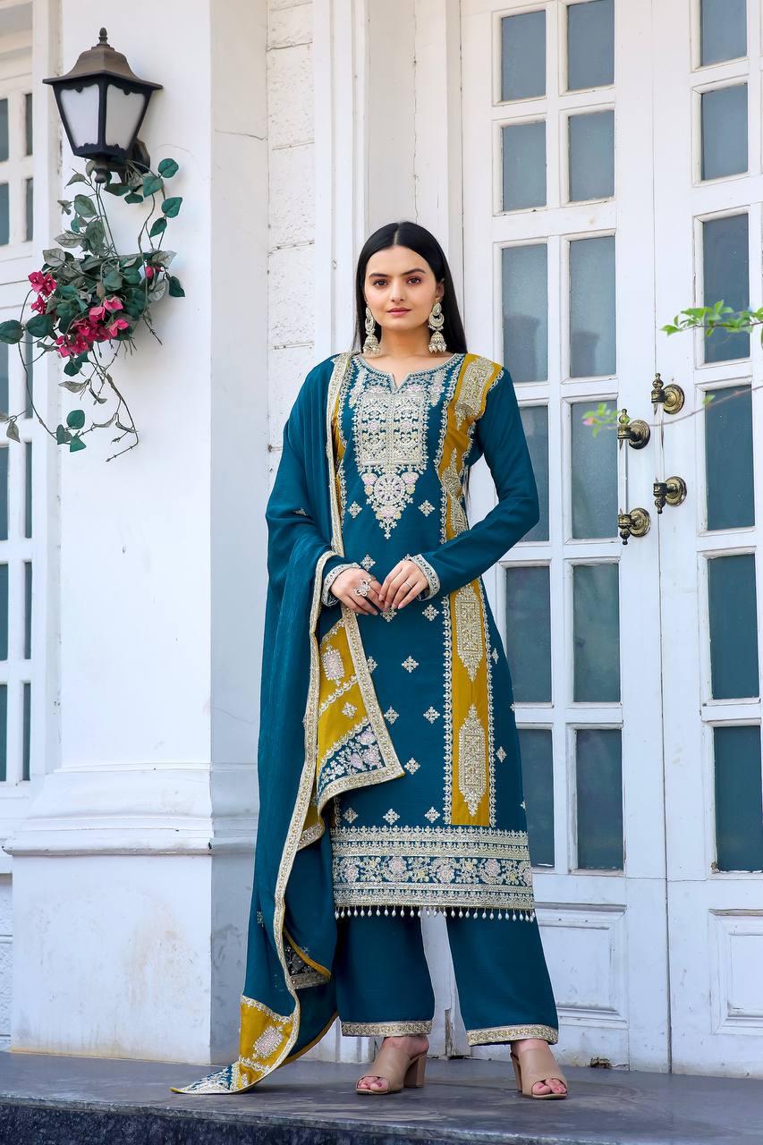 Teeya Creation Teal Color Chinon Silk Heavy Work Fully Stitched Pakistani Salwar Suit