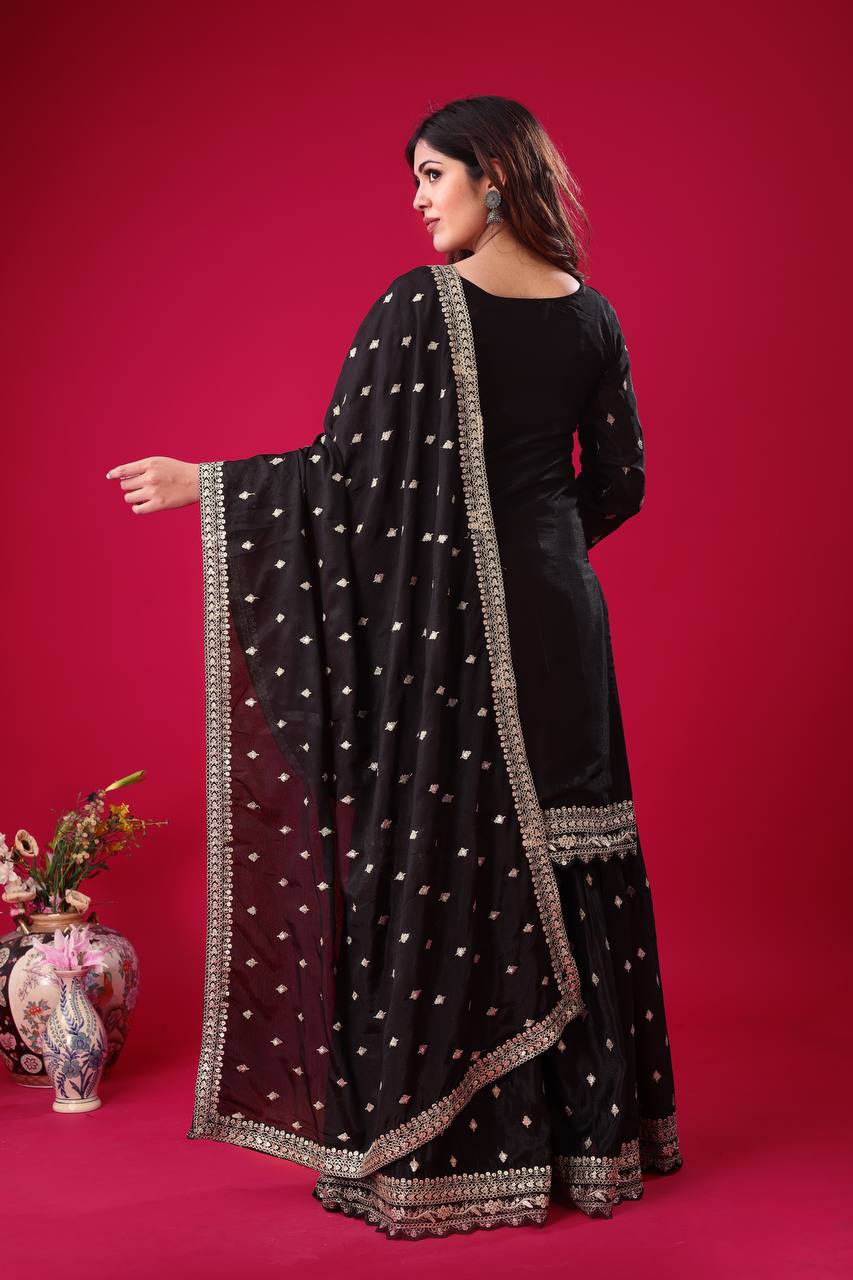 Teeya Creation Black Color Chinon Silk Heavy Embroidery Work Pakistani Fully Stitched Salwar Suit