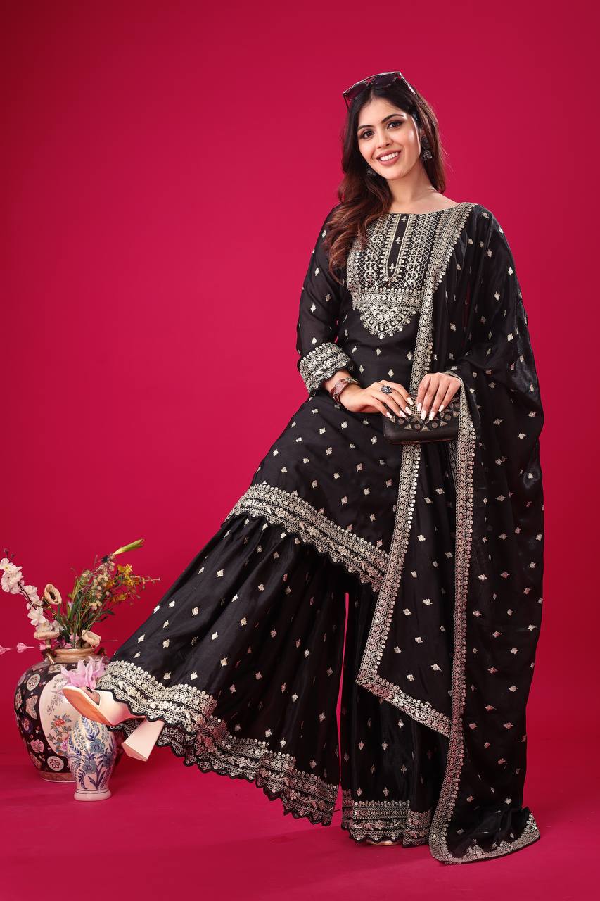 Teeya Creation Black Color Chinon Silk Heavy Embroidery Work Pakistani Fully Stitched Salwar Suit