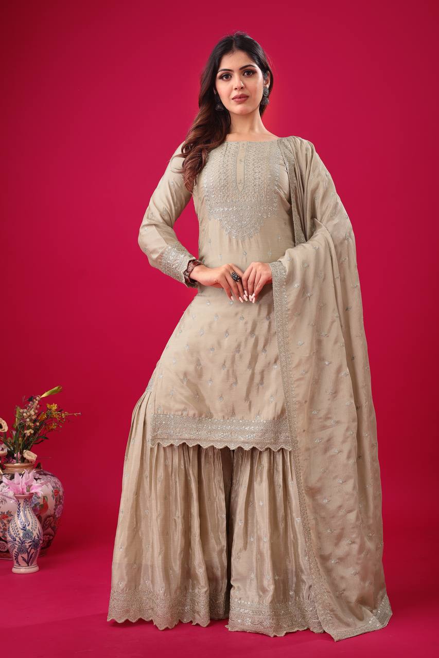 Teeya Creation Chiku Color Chinon Silk Heavy Embroidery Work Pakistani Fully Stitched Salwar Suit