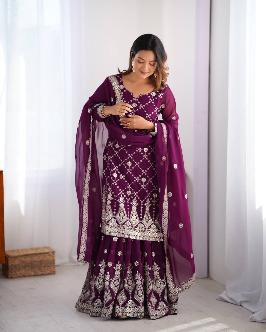 Teeya Creation Wine Color Faux Georgette Embroidery Work Fully Stitched Salwar Suit