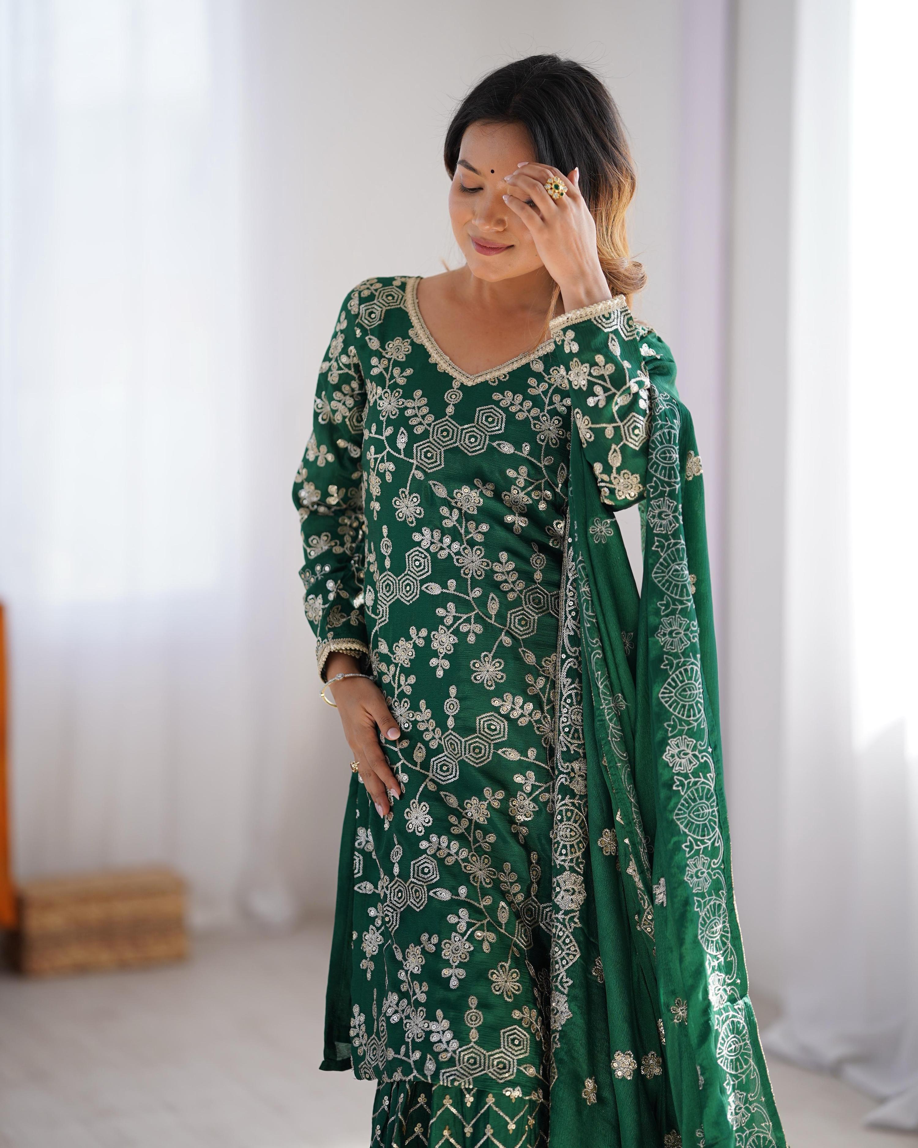 Teeya Creation Green Color Chinnon Silk Embroidery Work Fully Stitched Salwar Suit