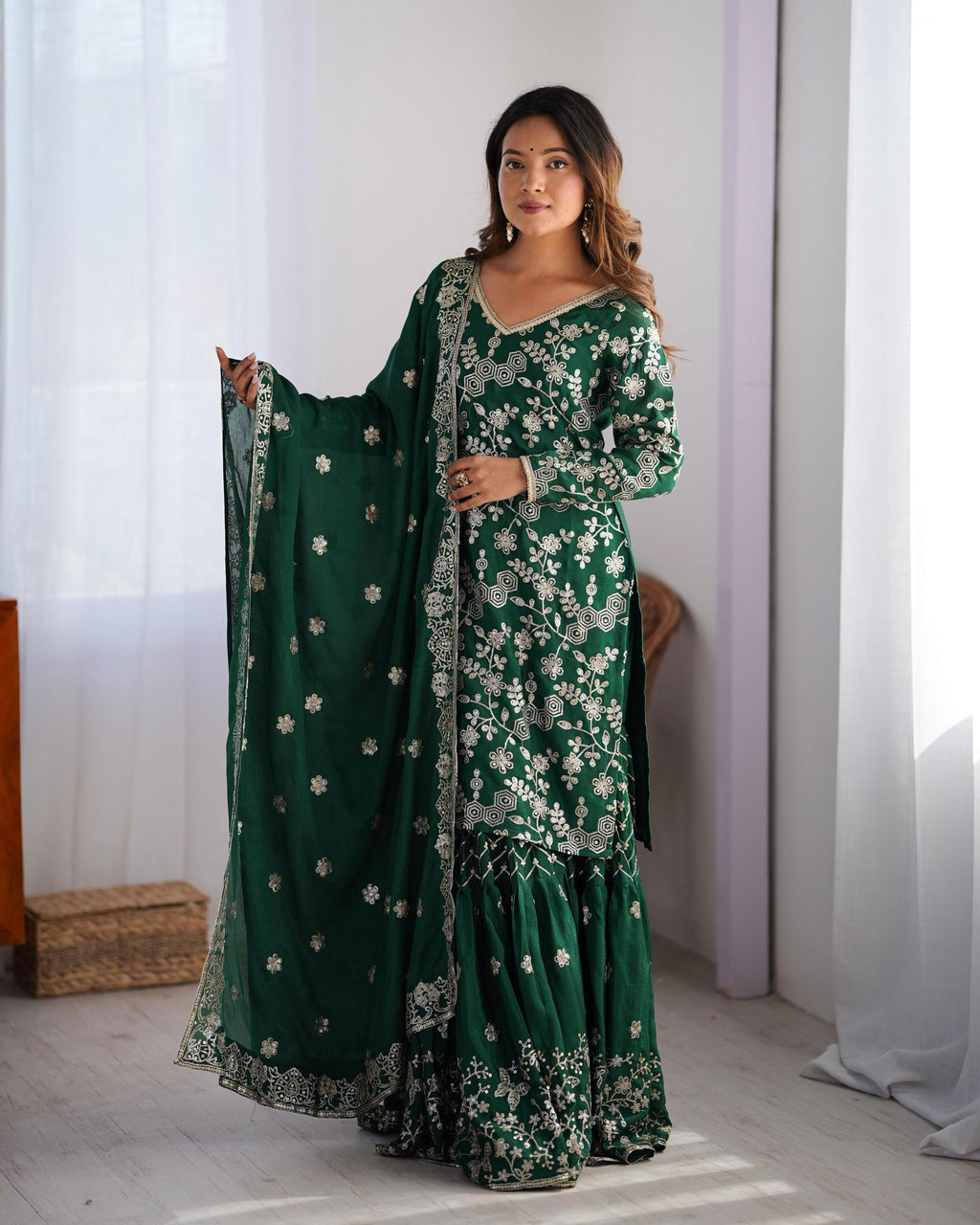 Teeya Creation Green Color Chinnon Silk Embroidery Work Fully Stitched Salwar Suit