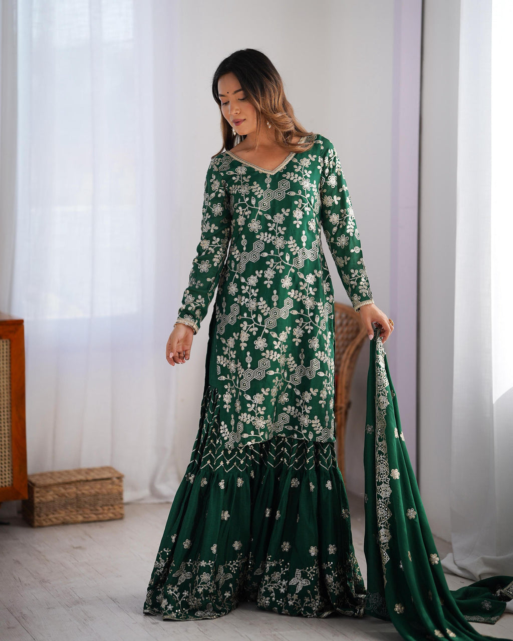 Teeya Creation Green Color Chinnon Silk Embroidery Work Fully Stitched Salwar Suit