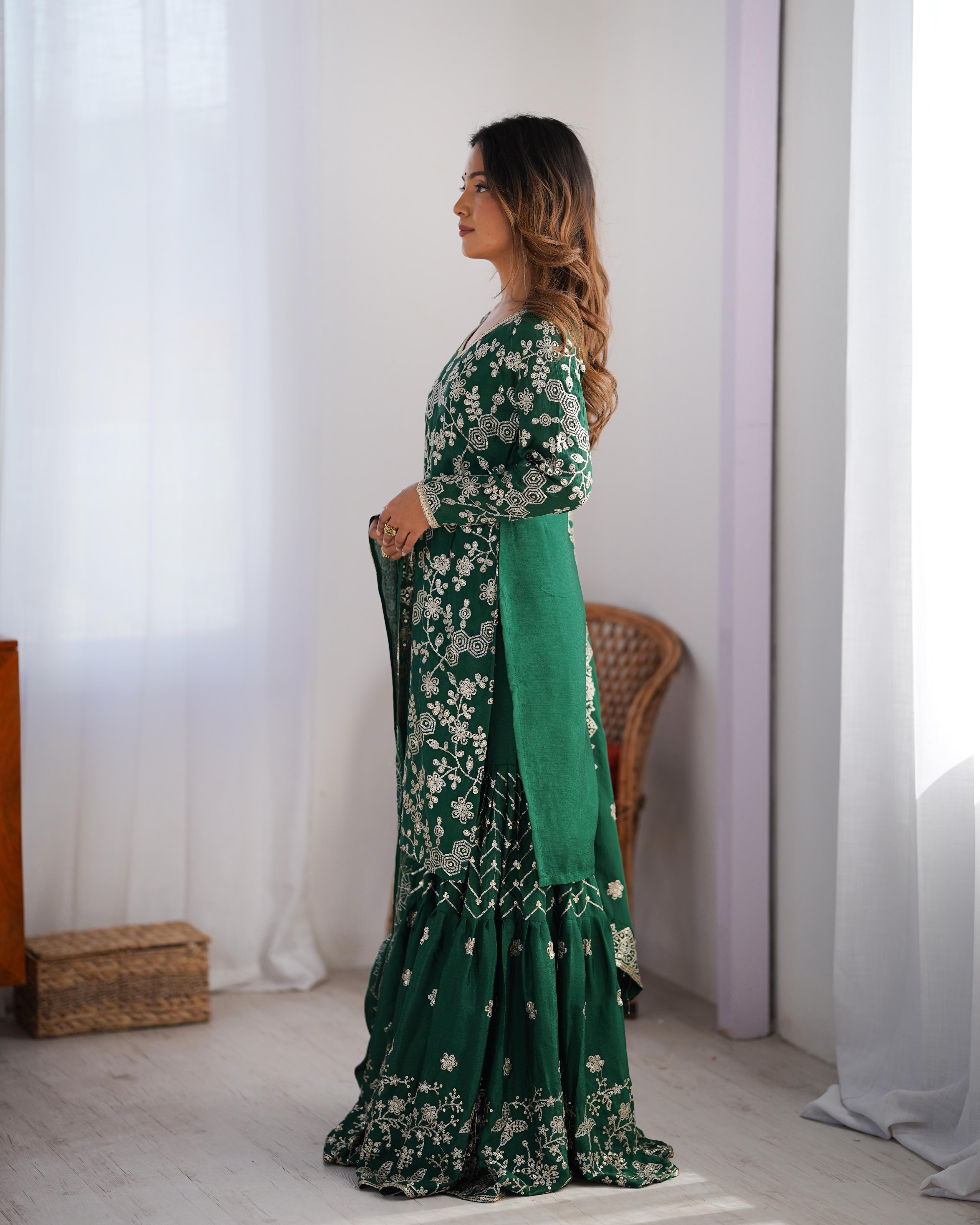 Teeya Creation Green Color Chinnon Silk Embroidery Work Fully Stitched Salwar Suit