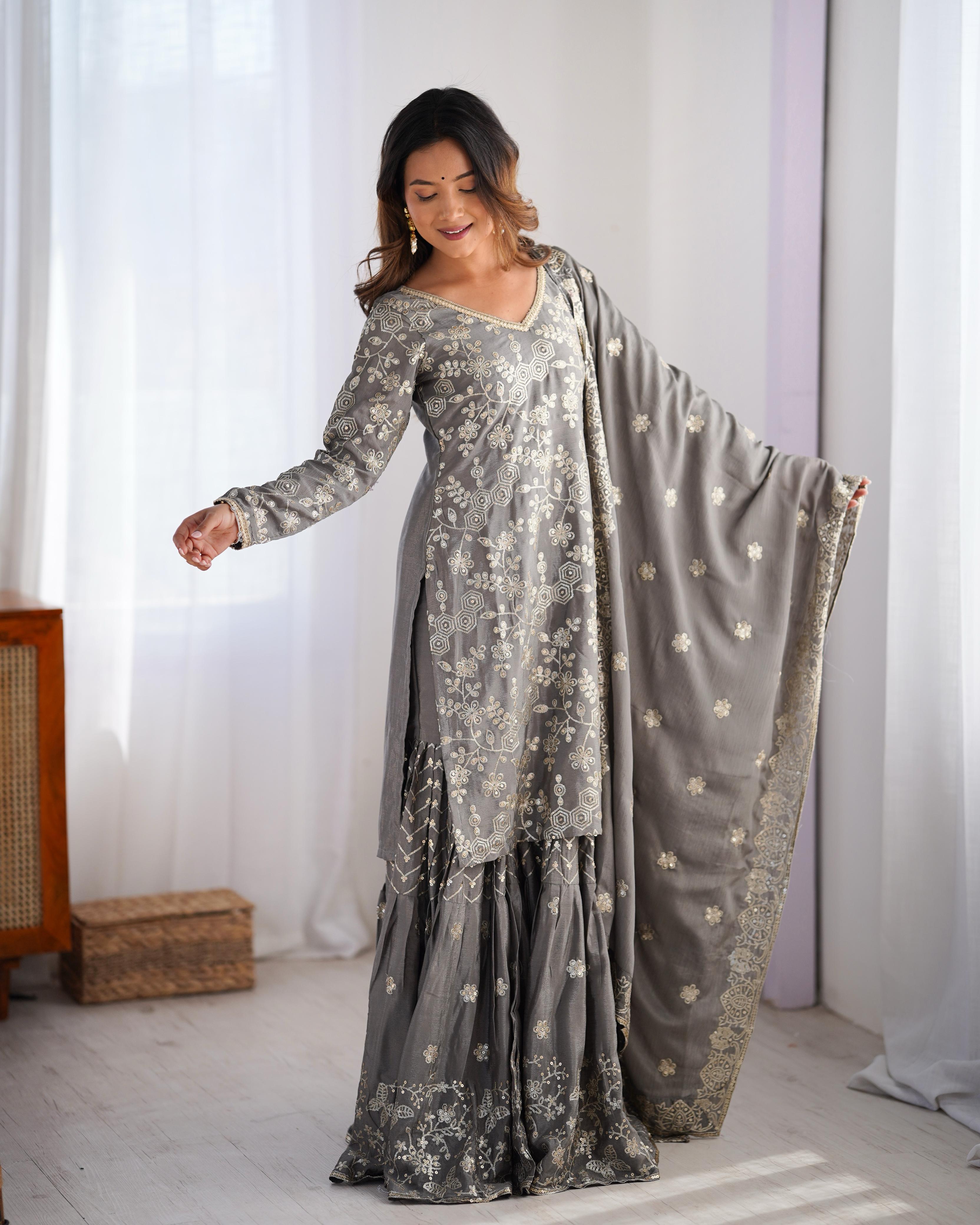 Teeya Creation Grey Color Chinnon Silk Embroidery Work Fully Stitched Salwar Suit