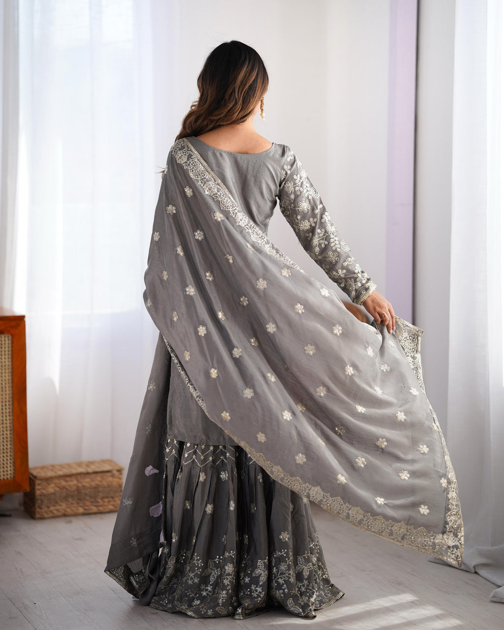 Teeya Creation Grey Color Chinnon Silk Embroidery Work Fully Stitched Salwar Suit