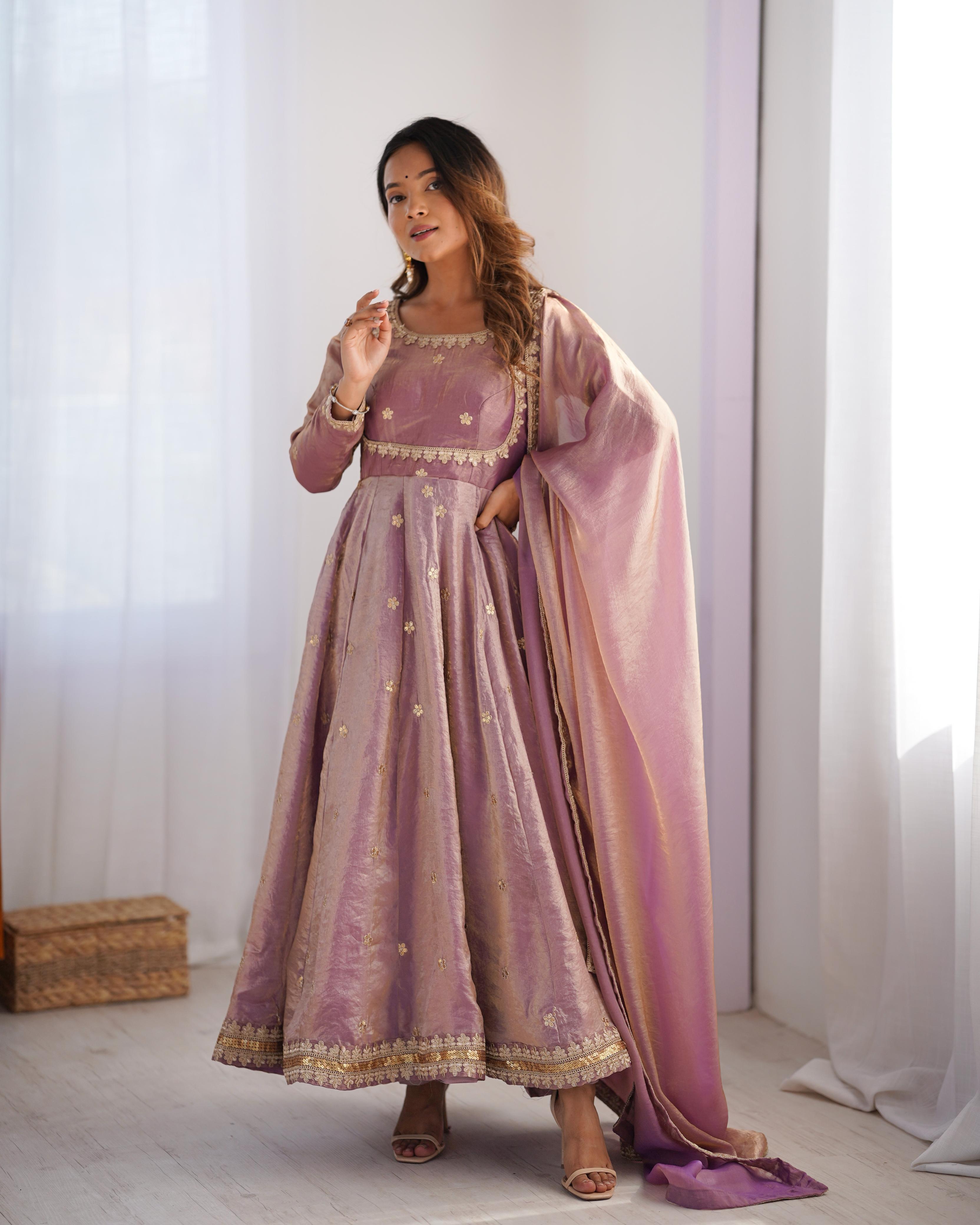 Teeya Creation Lavender Color Fendy Silk Embroidery Work Fully Stitched Gown