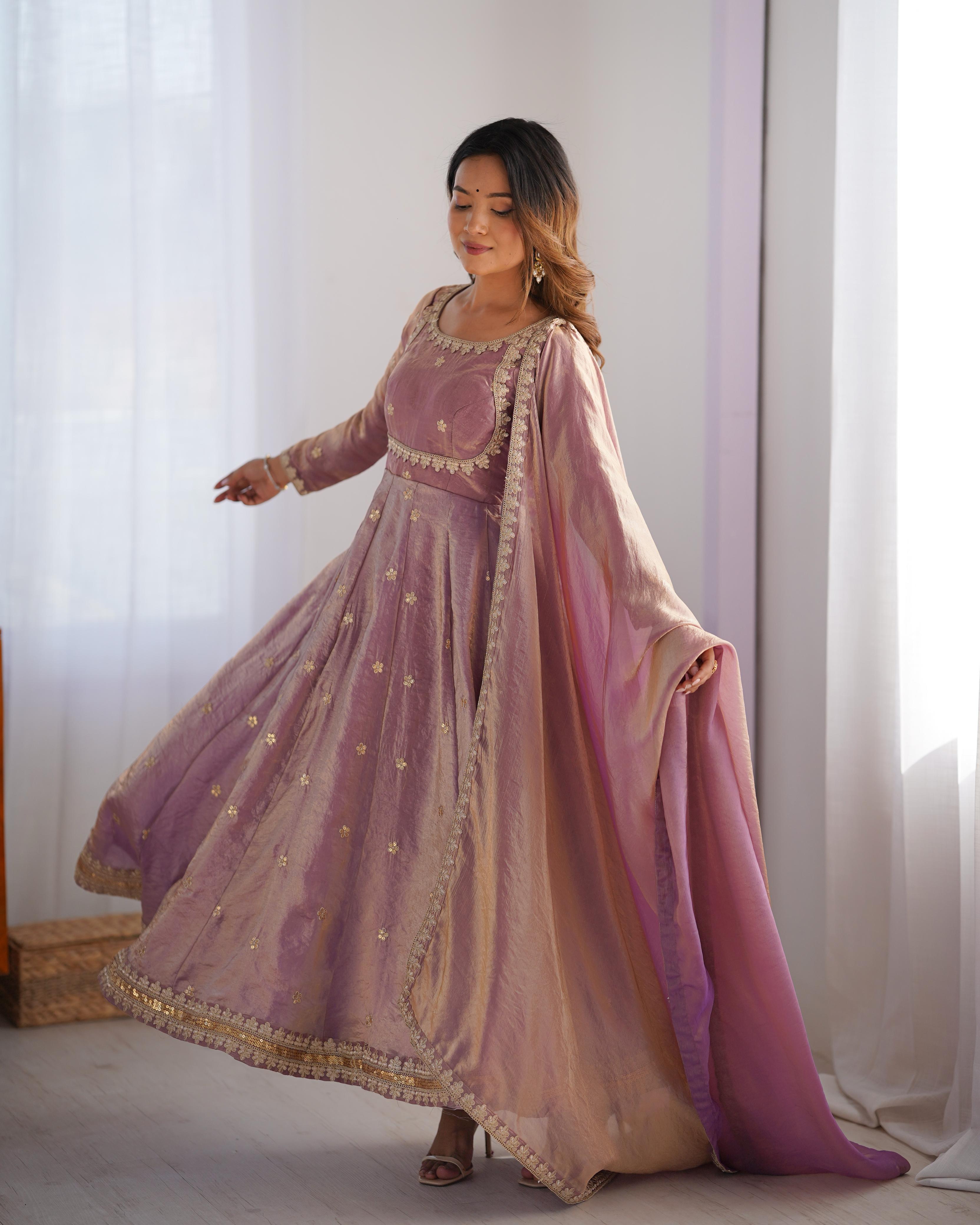 Teeya Creation Lavender Color Fendy Silk Embroidery Work Fully Stitched Gown