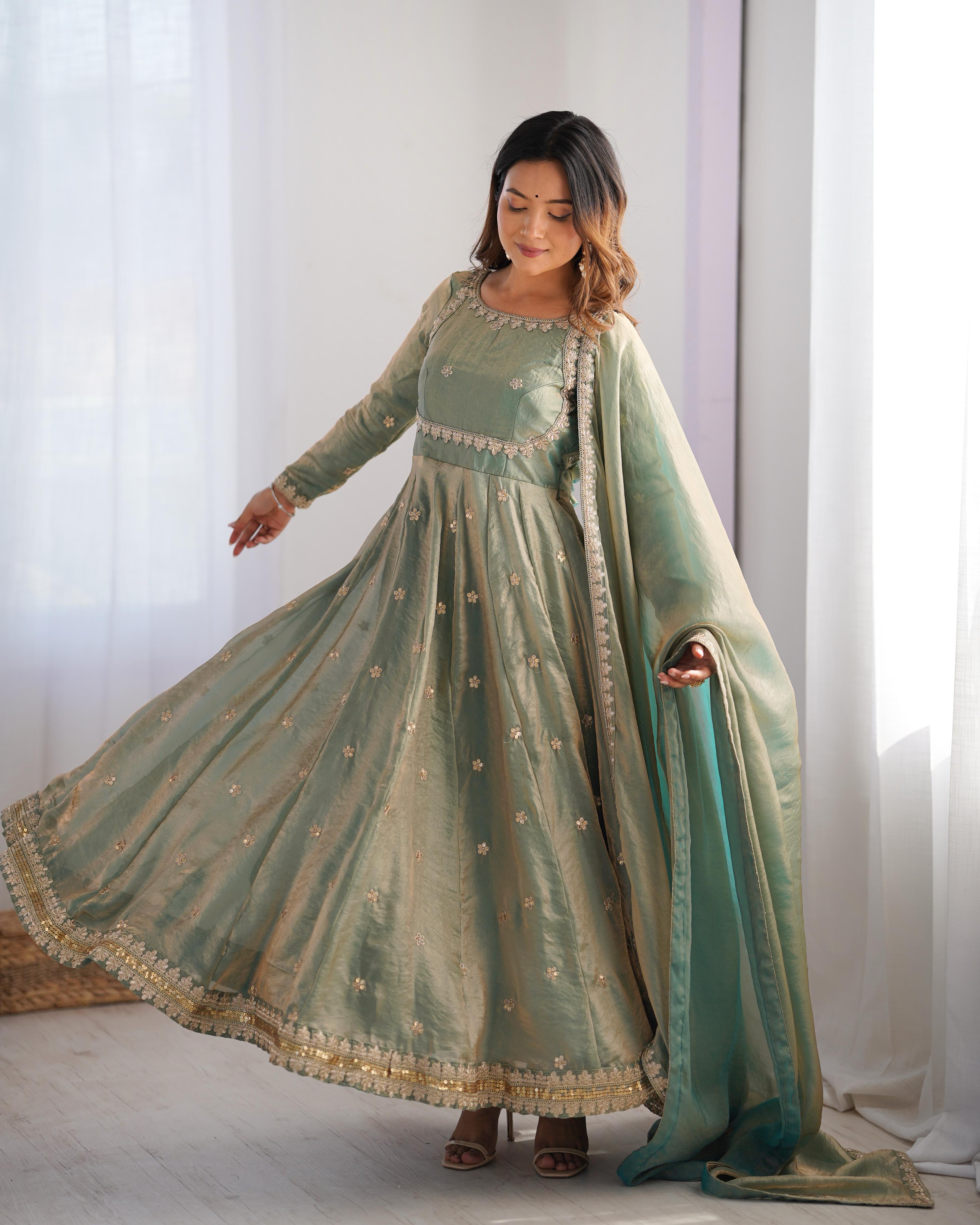 Teeya Creation Mint Green Color Fendy Silk Embroidery Work Fully Stitched Gown