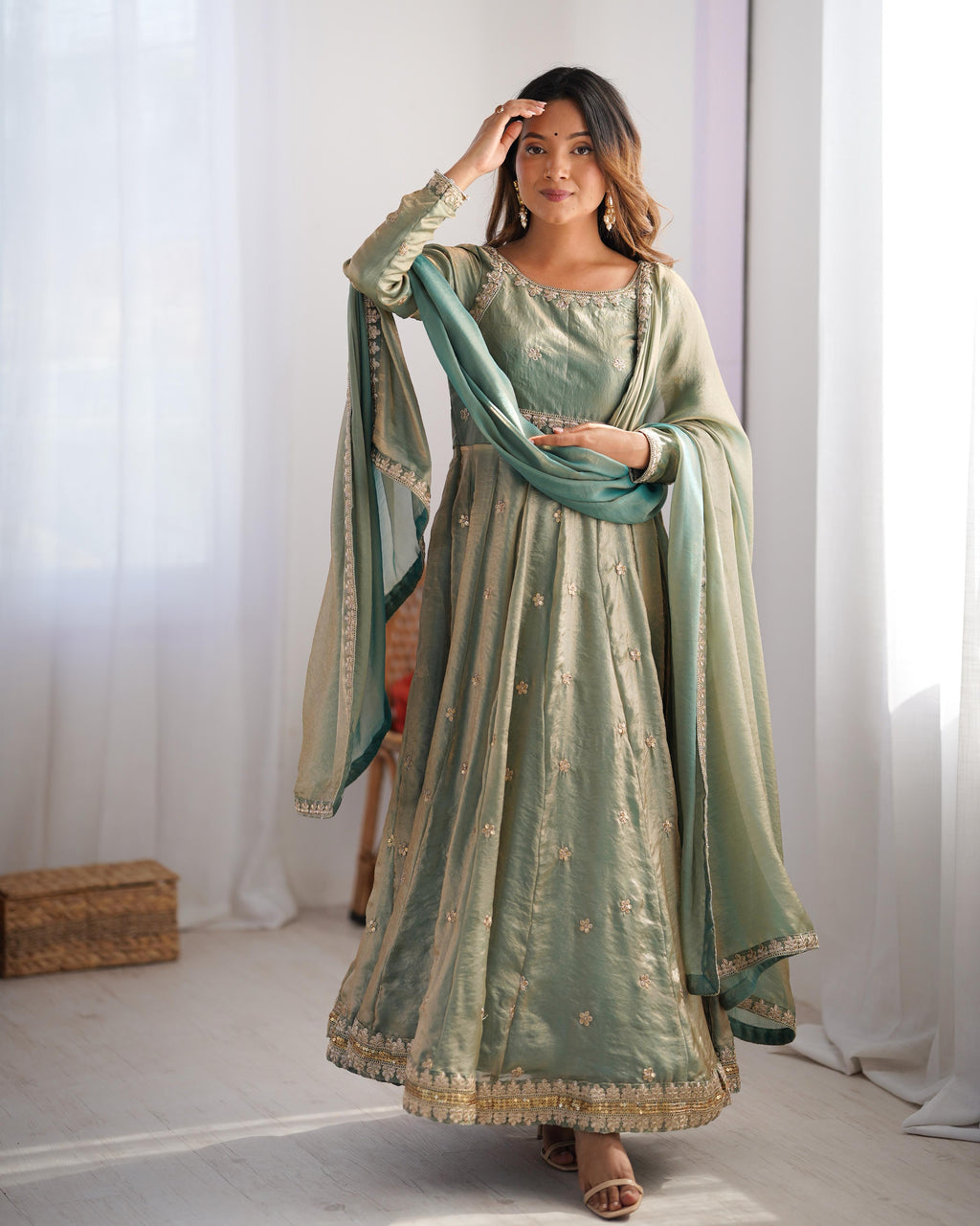 Teeya Creation Mint Green Color Fendy Silk Embroidery Work Fully Stitched Gown