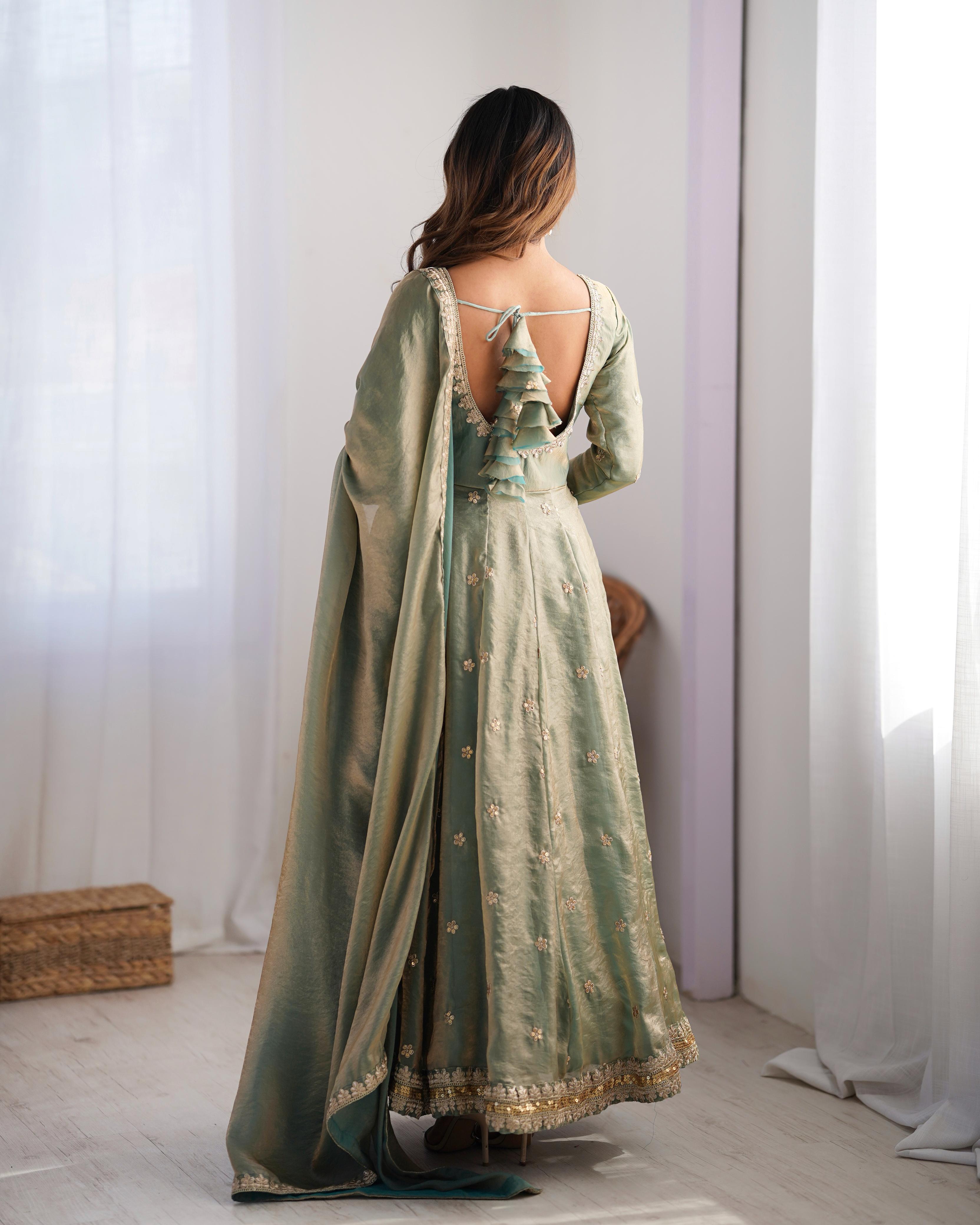 Teeya Creation Mint Green Color Fendy Silk Embroidery Work Fully Stitched Gown