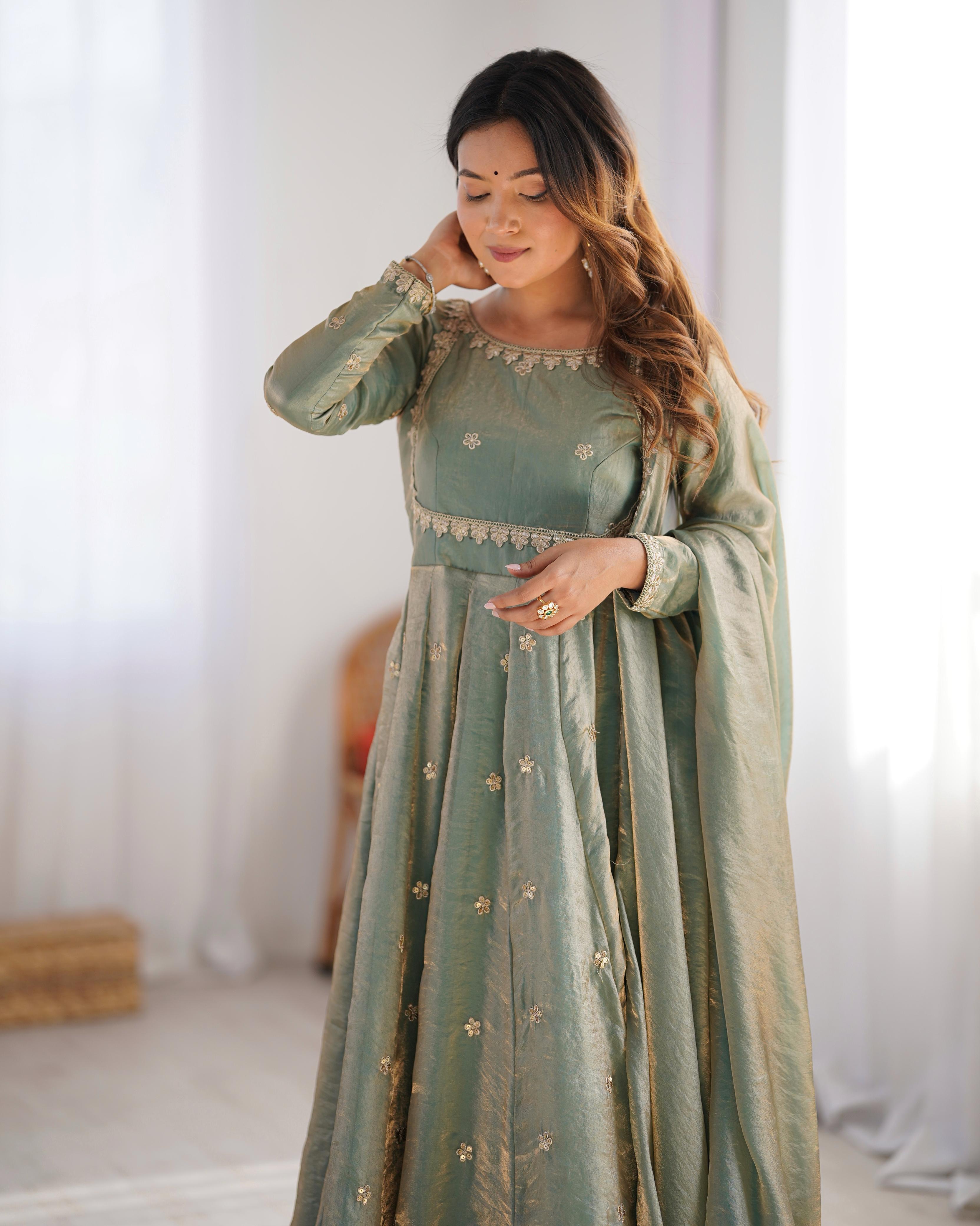 Teeya Creation Mint Green Color Fendy Silk Embroidery Work Fully Stitched Gown