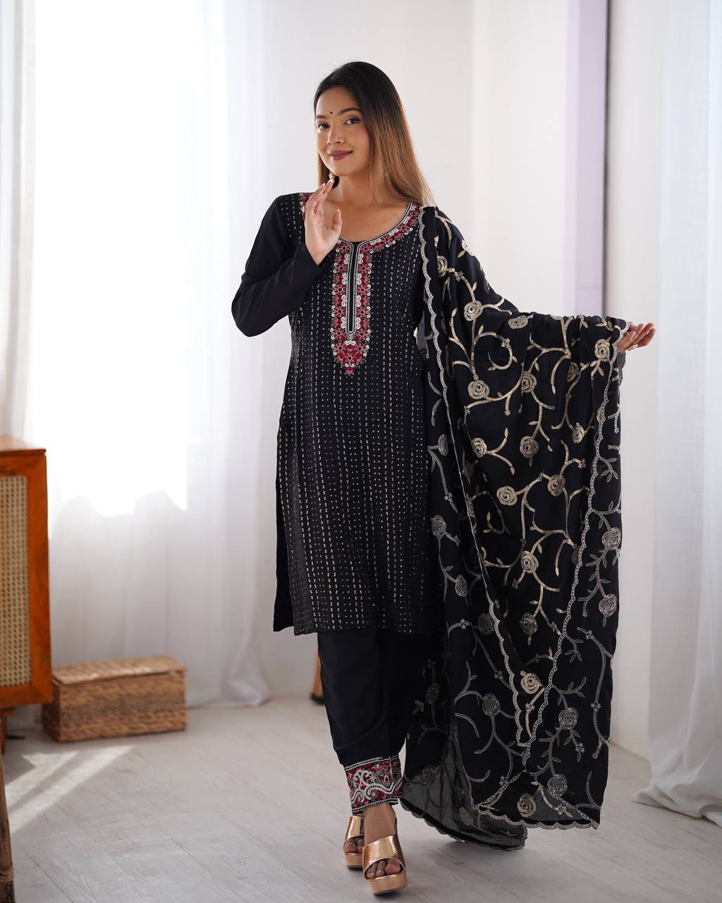 Teeya Creation Black Color Chinnon Silk Embroidery Work Fully Stitched Pakistani Suit