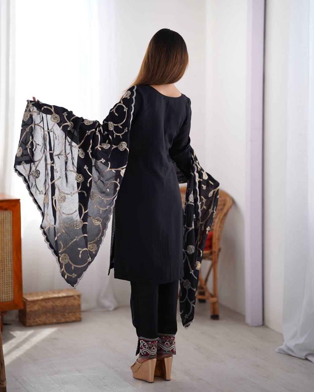 Teeya Creation Black Color Chinnon Silk Embroidery Work Fully Stitched Pakistani Suit