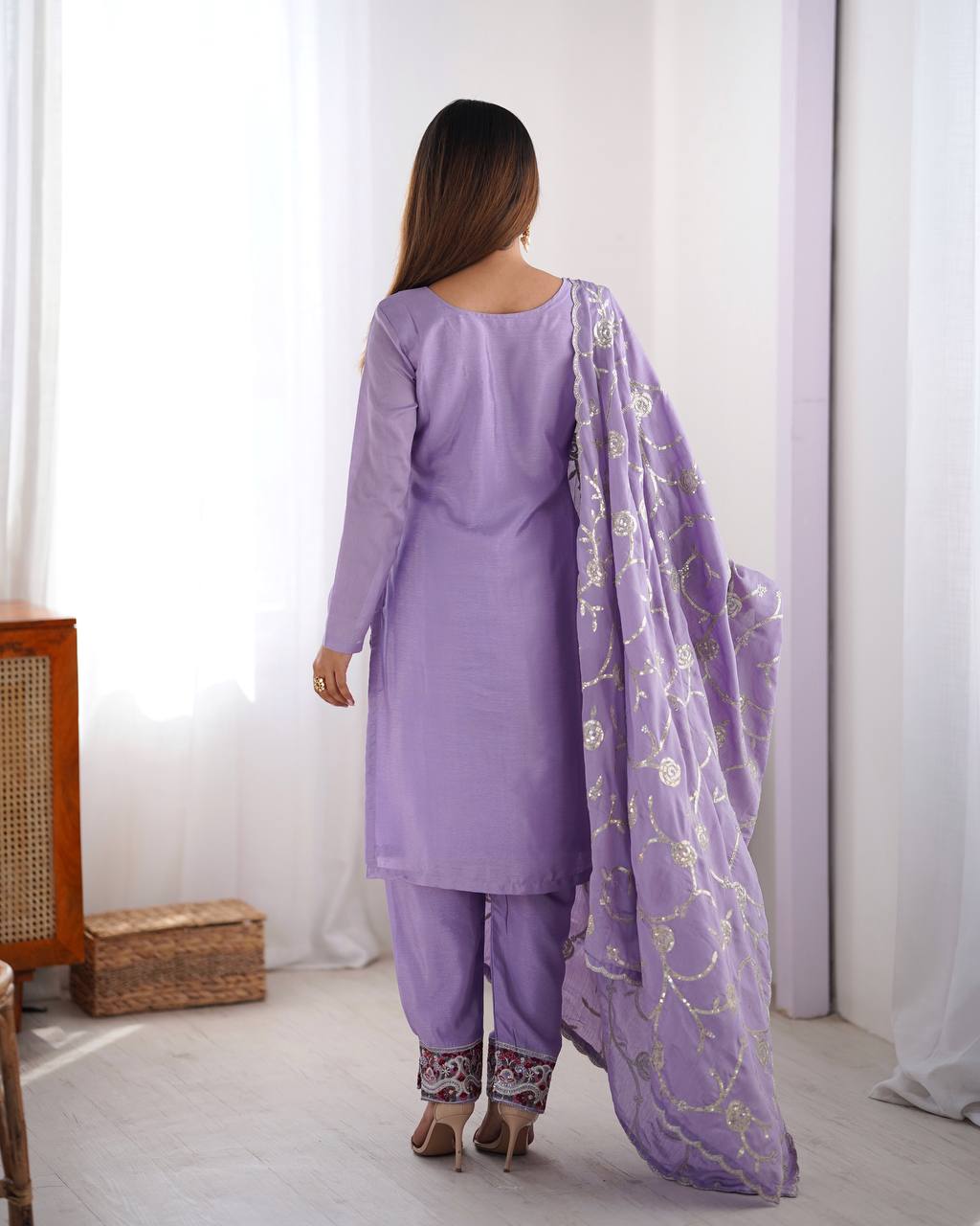 Teeya Creation Lavender Color Chinnon Silk Embroidery Work Fully Stitched Pakistani Suit