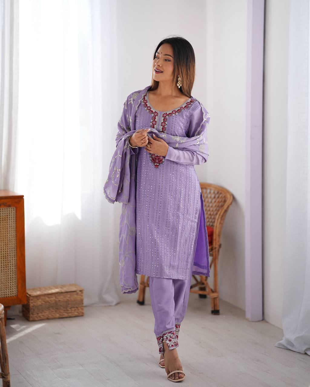 Teeya Creation Lavender Color Chinnon Silk Embroidery Work Fully Stitched Pakistani Suit