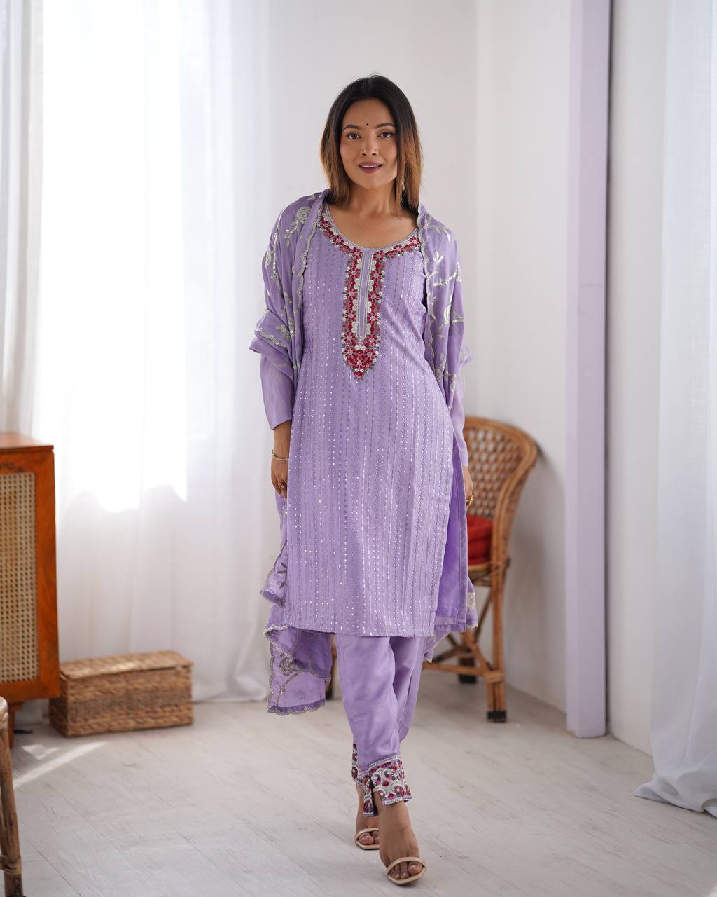 Teeya Creation Lavender Color Chinnon Silk Embroidery Work Fully Stitched Pakistani Suit