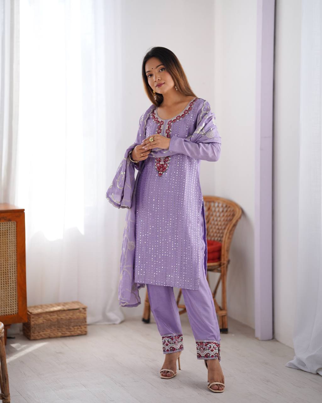 Teeya Creation Lavender Color Chinnon Silk Embroidery Work Fully Stitched Pakistani Suit