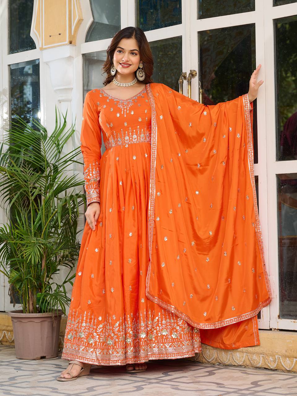 Teeya Creation Orange Color American Silk Embroidery Work Fully Stitched Gown